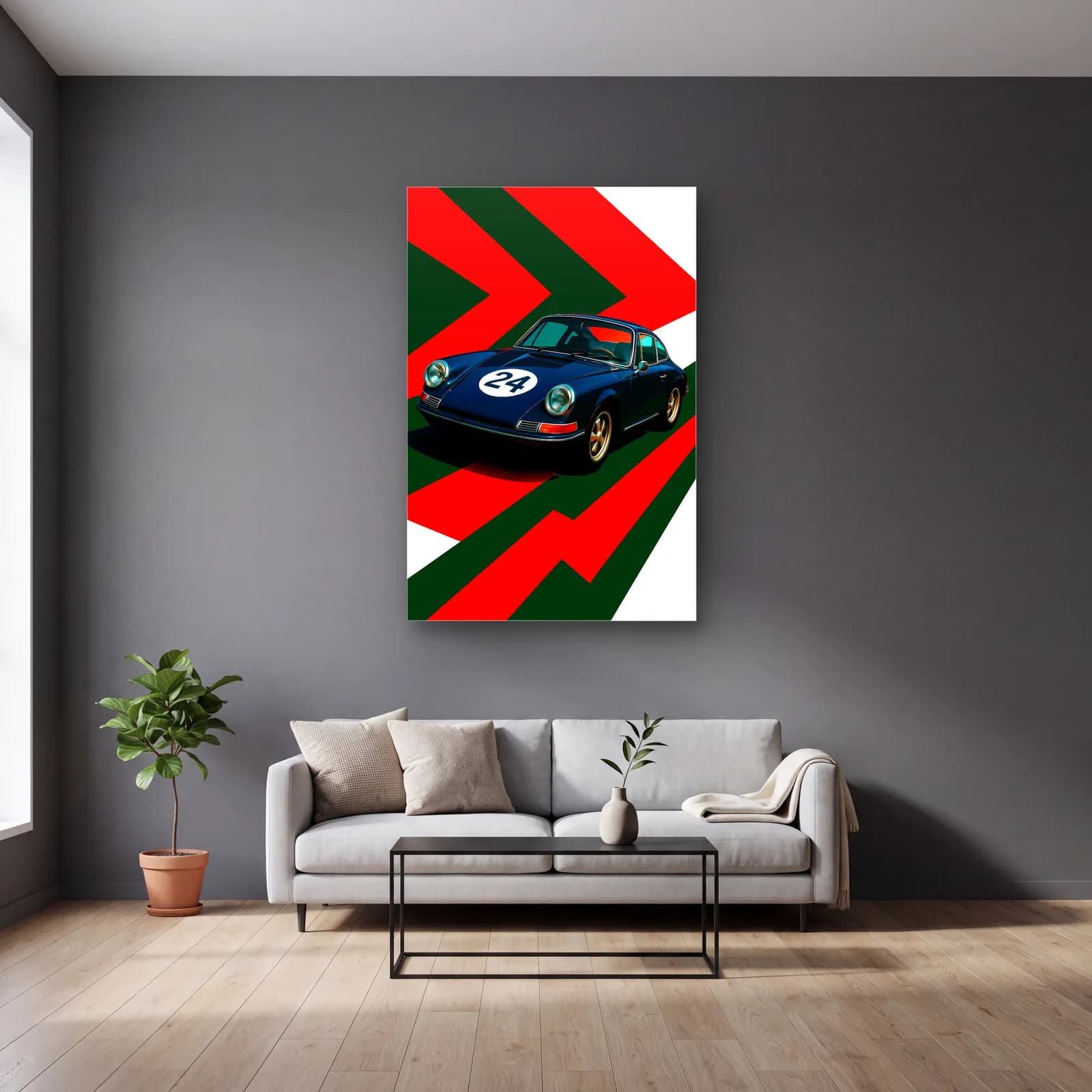 Klasik Porsche 911 Yarış Posteri cam tablo — gri duvarlı salonda