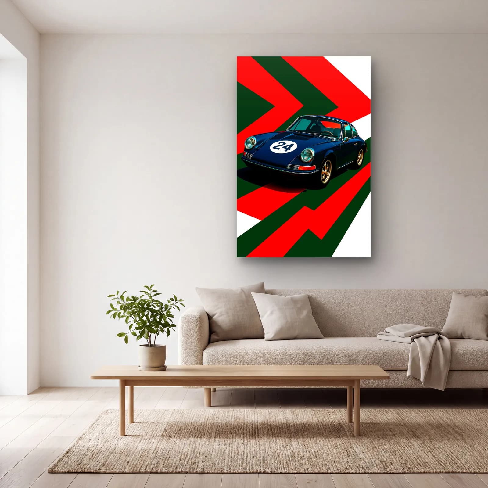 Klasik Porsche 911 Yarış Posteri cam tablo — açık renk salonda