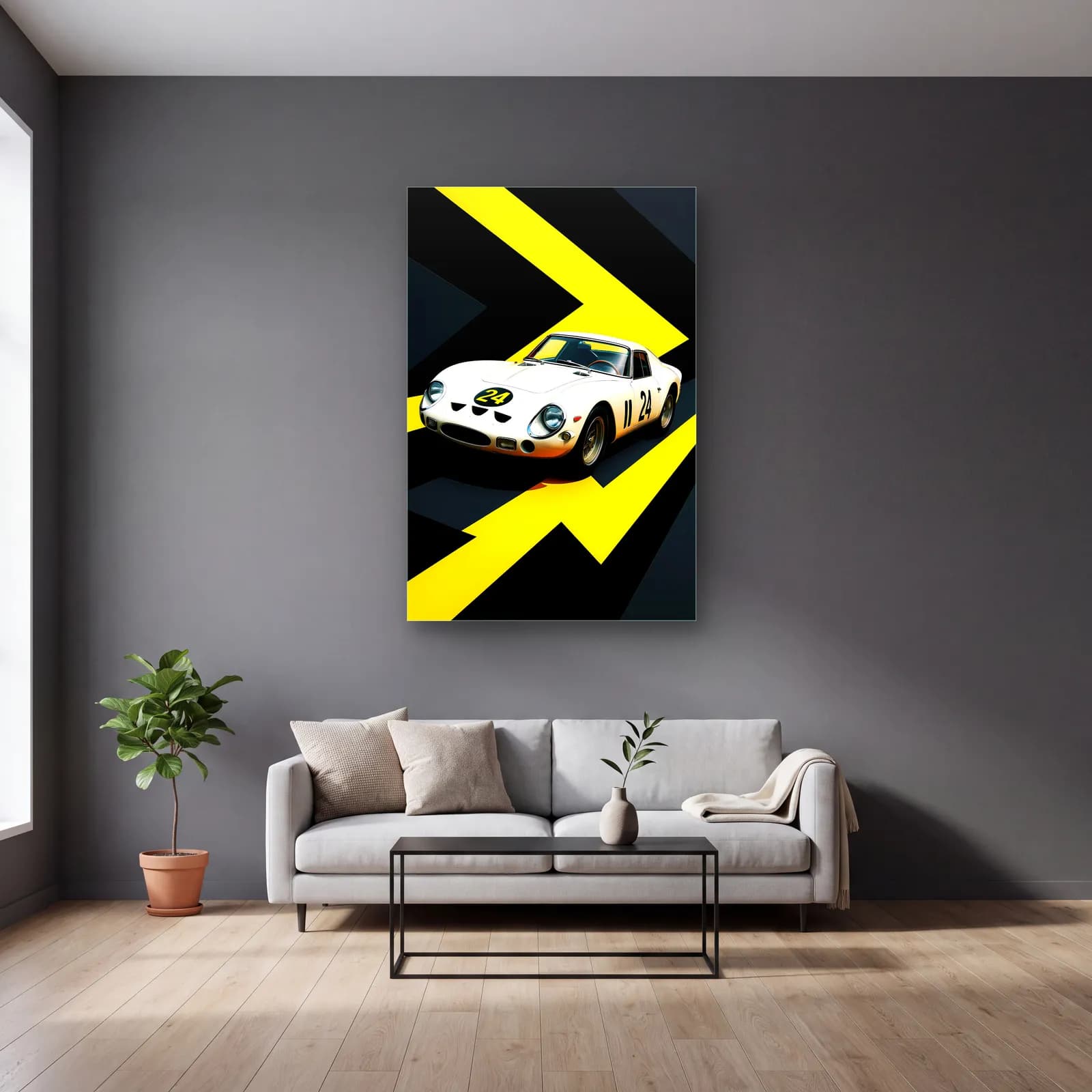 Ferrari 250 GTO Yarış Posteri cam tablo — gri duvarlı salonda