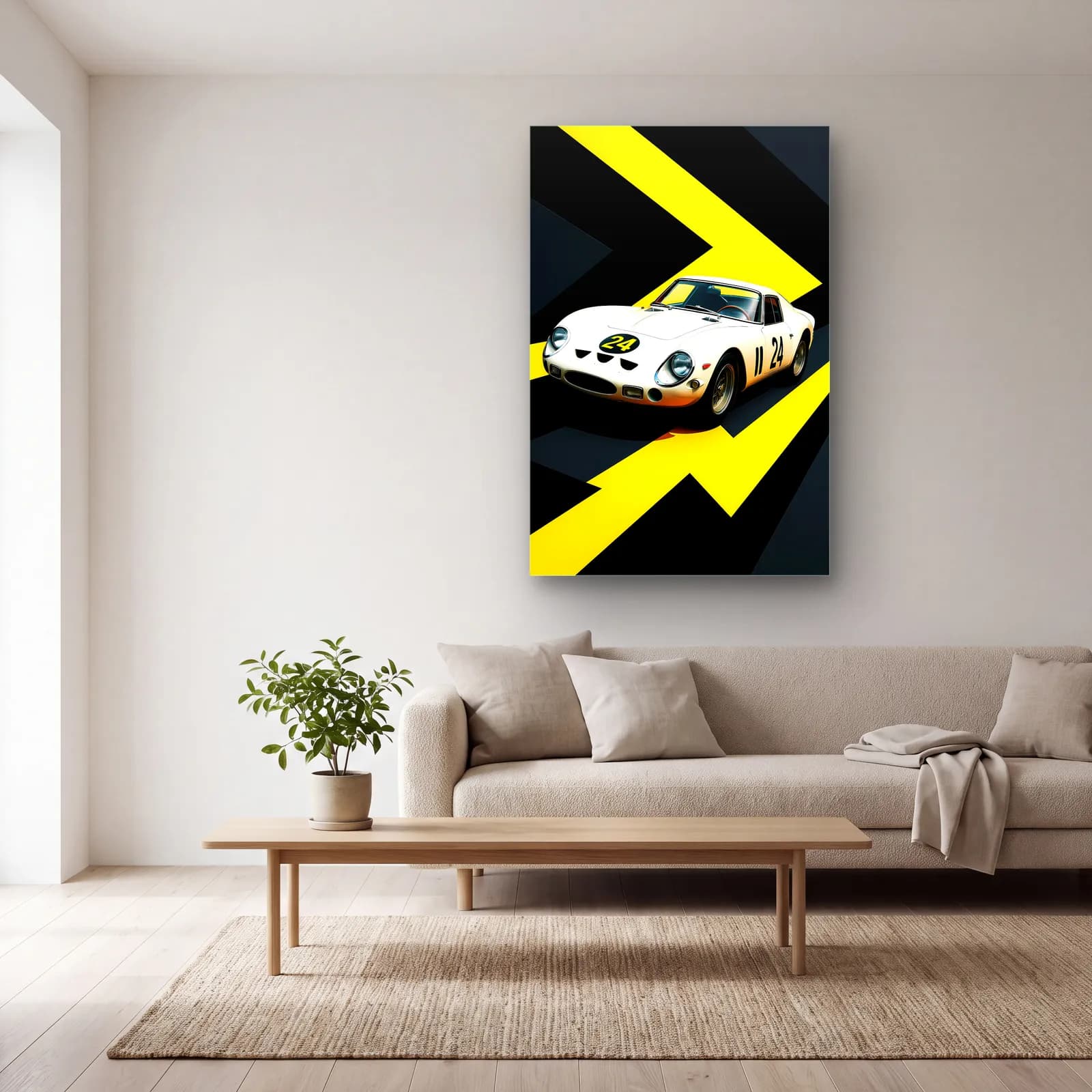 Ferrari 250 GTO Yarış Posteri cam tablo — açık renk salonda