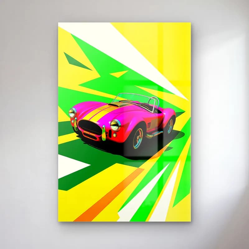 Pembe Shelby Cobra Posteri cam tablo — Sarı yeşil ışın desenli zeminde pembe beyaz şeritli Shelby Cobra roadster
