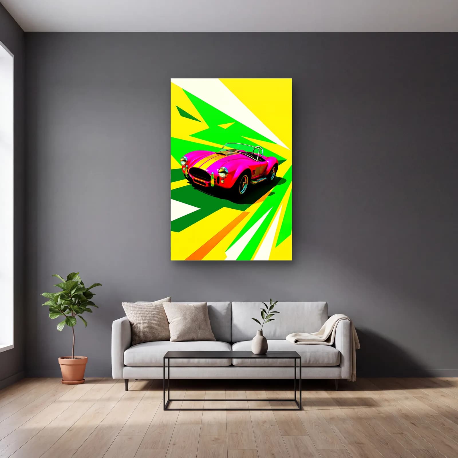 Pembe Shelby Cobra Posteri cam tablo — gri duvarlı salonda
