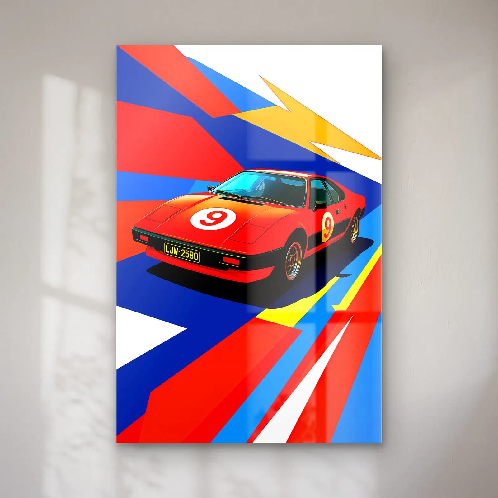 Kırmızı Ferrari 308 Posteri cam tablo — Mavi kırmızı beyaz grafik zeminde 9 numaralı kırmızı klasik spor otomobil