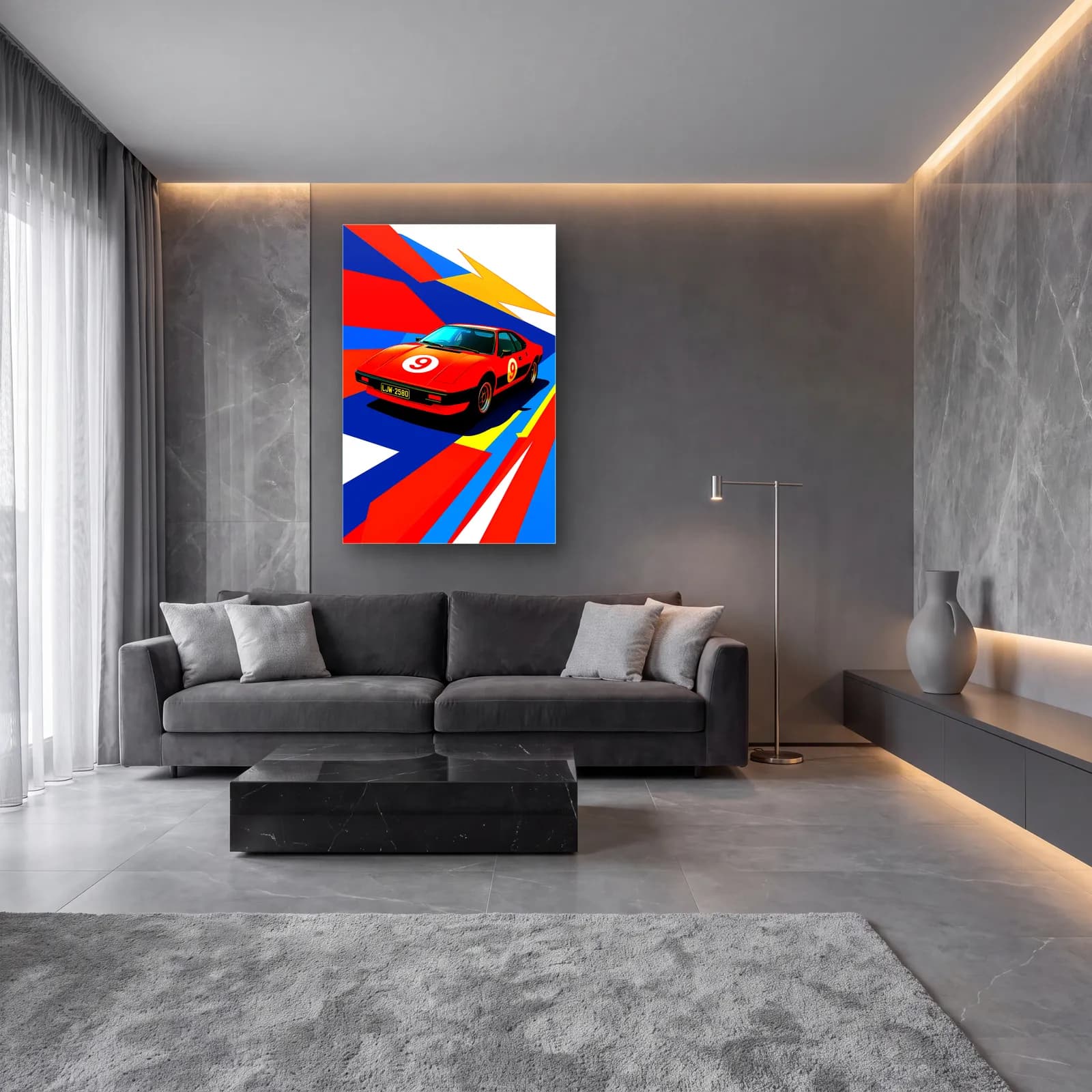 Kırmızı Ferrari 308 Posteri cam tablo — lüks salon duvarında