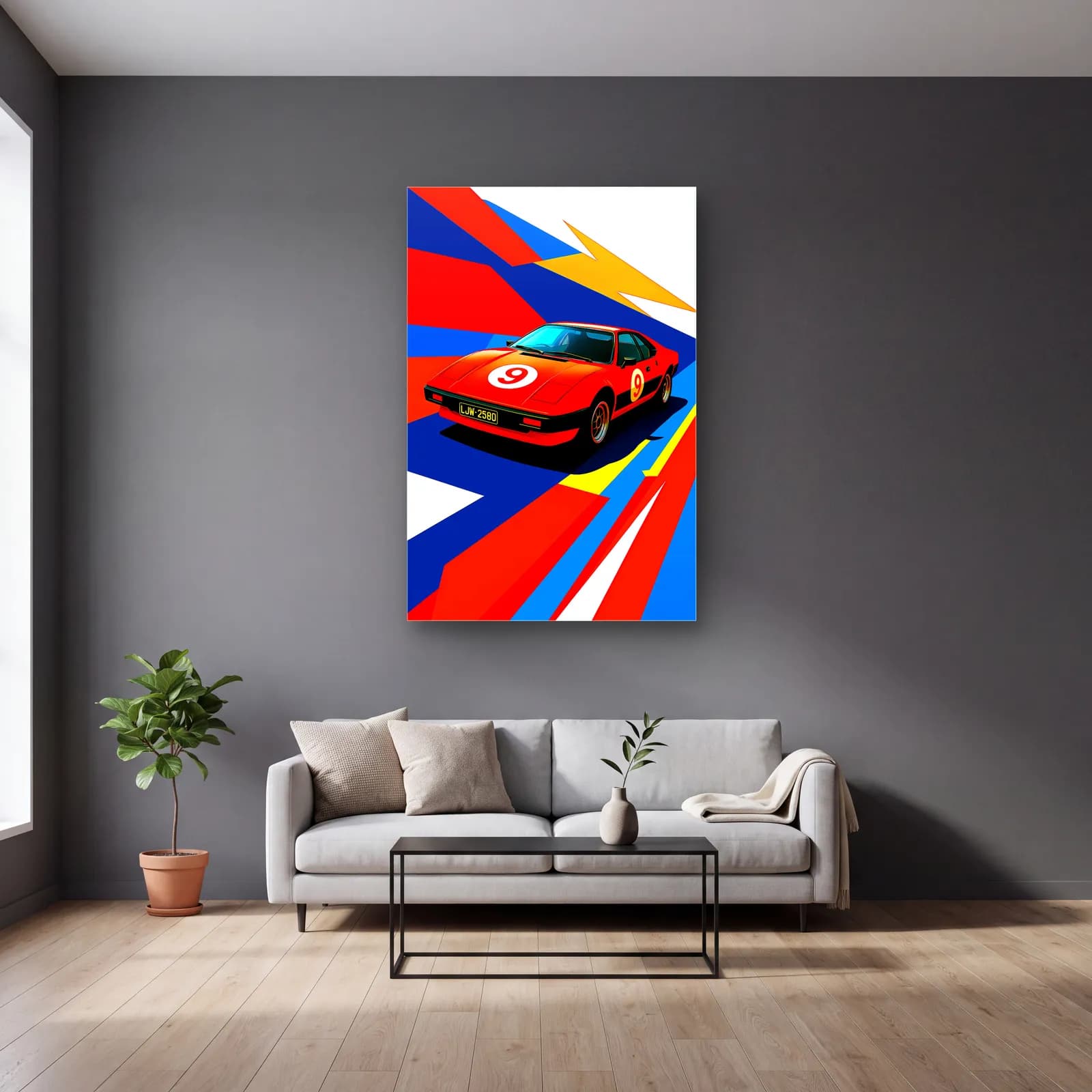 Kırmızı Ferrari 308 Posteri cam tablo — gri duvarlı salonda