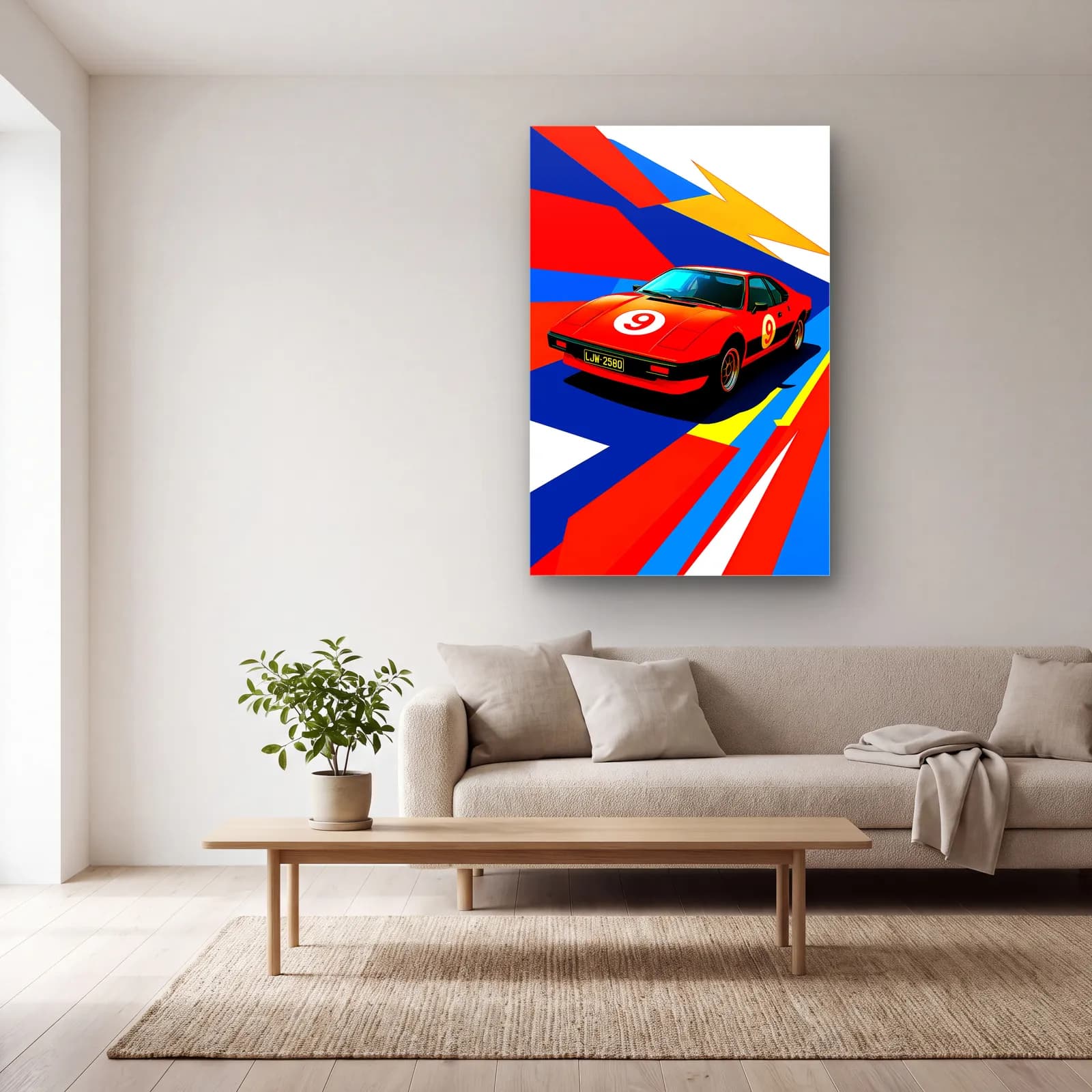 Kırmızı Ferrari 308 Posteri cam tablo — açık renk salonda