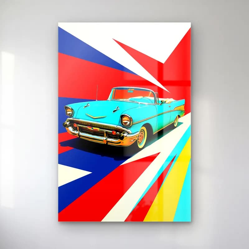 Turkuaz Chevrolet Bel Air Posteri cam tablo — Mavi kırmızı ışın desenli zeminde turkuaz üstü açık klasik Chevrolet Bel Air