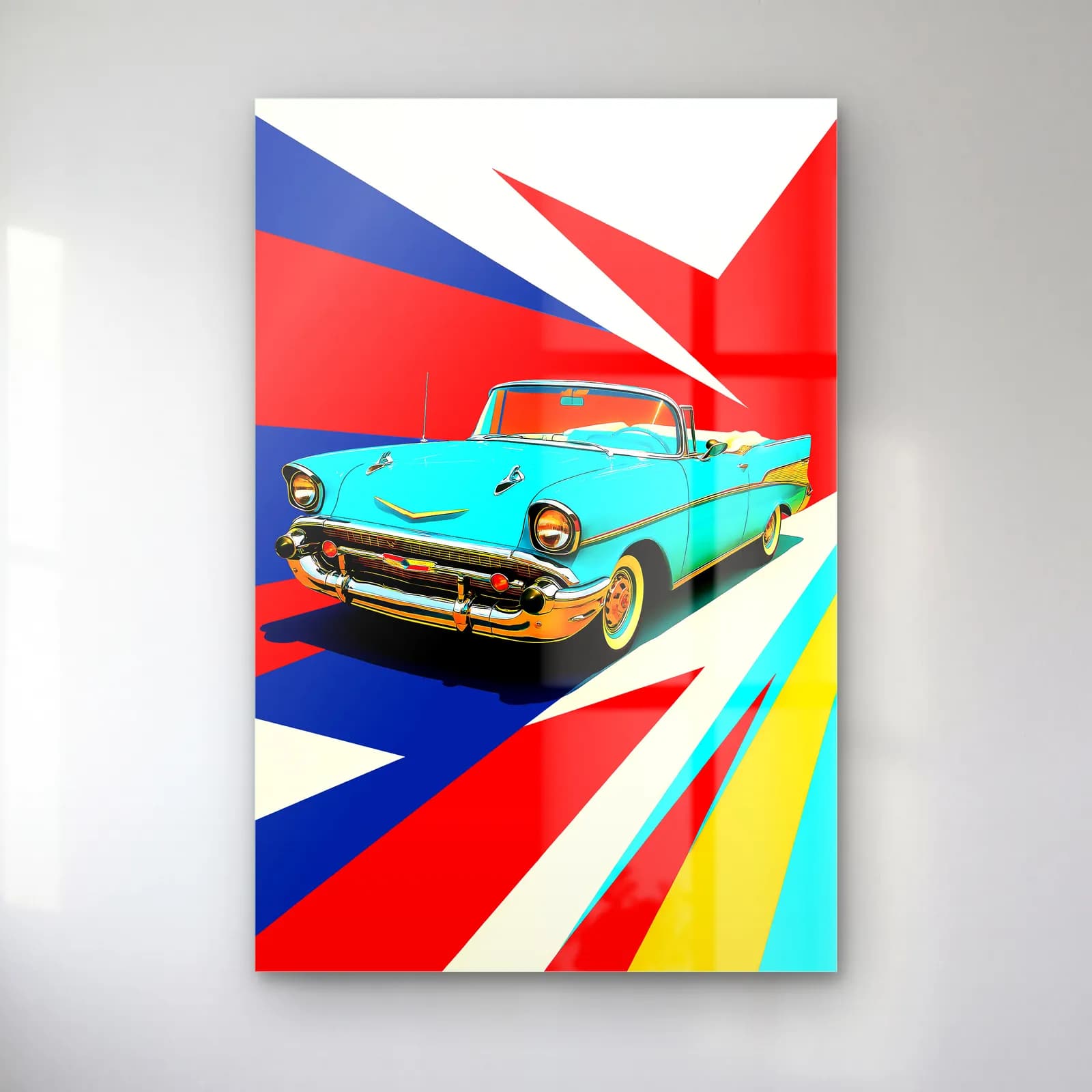 Turkuaz Chevrolet Bel Air Posteri cam tablo — Mavi kırmızı ışın desenli zeminde turkuaz üstü açık klasik Chevrolet Bel Air