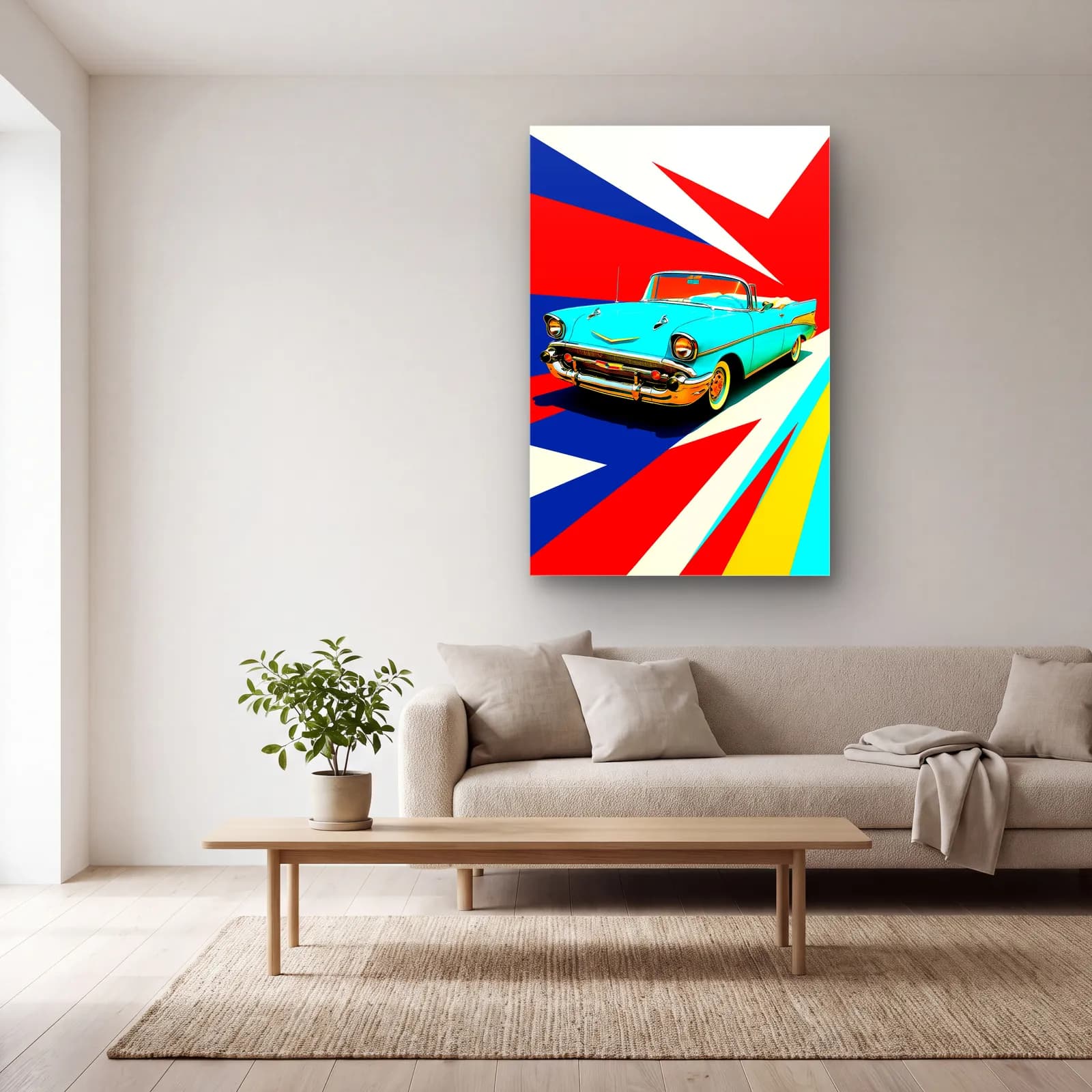 Turkuaz Chevrolet Bel Air Posteri cam tablo — açık renk salonda