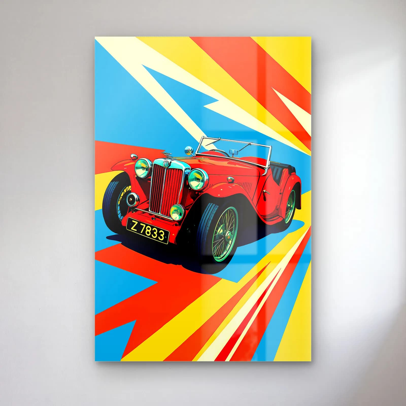 Kırmızı MG Klasik Roadster Posteri cam tablo — Sarı mavi ışın desenli zeminde kırmızı vintage İngiliz roadster otomobil