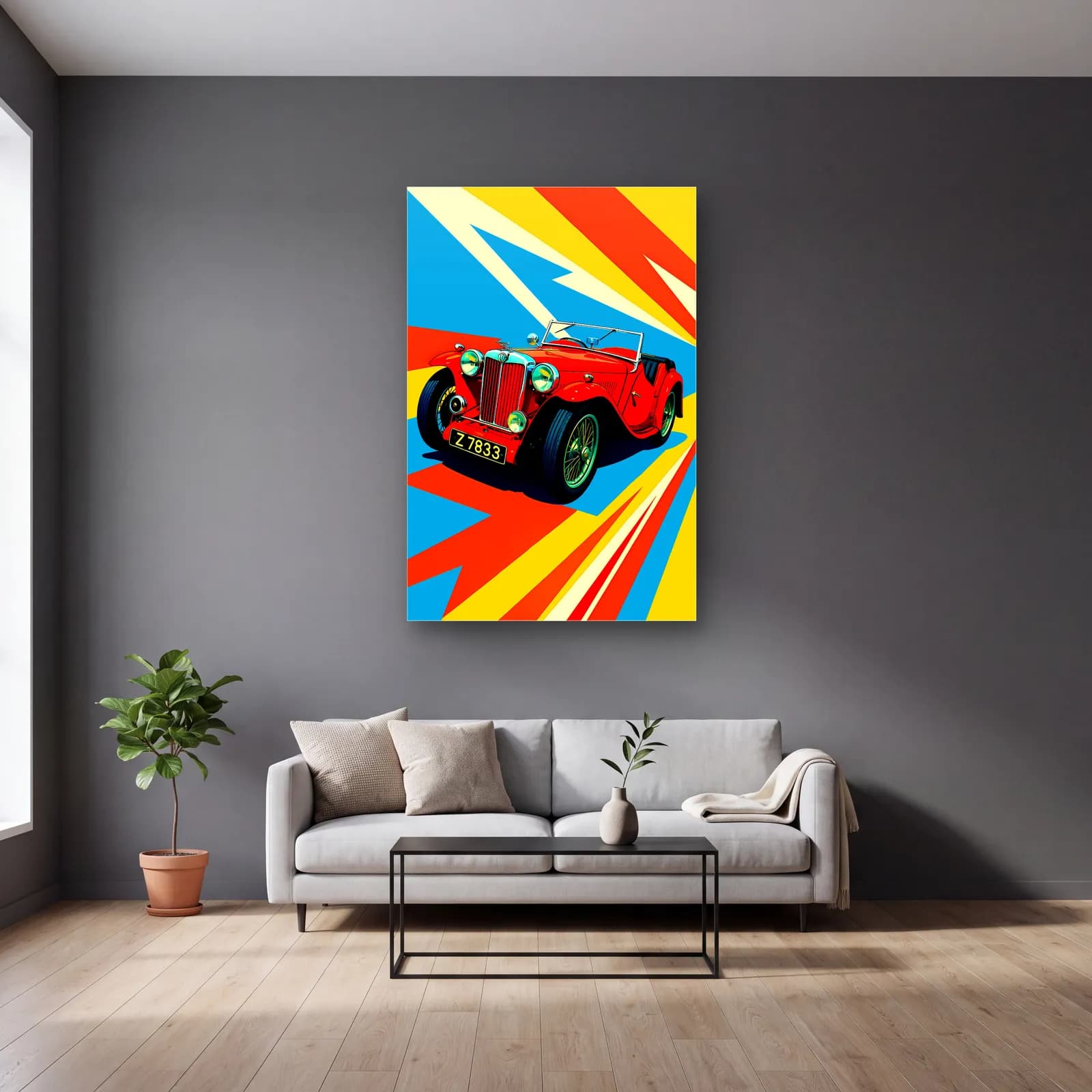 Kırmızı MG Klasik Roadster Posteri cam tablo — gri duvarlı salonda