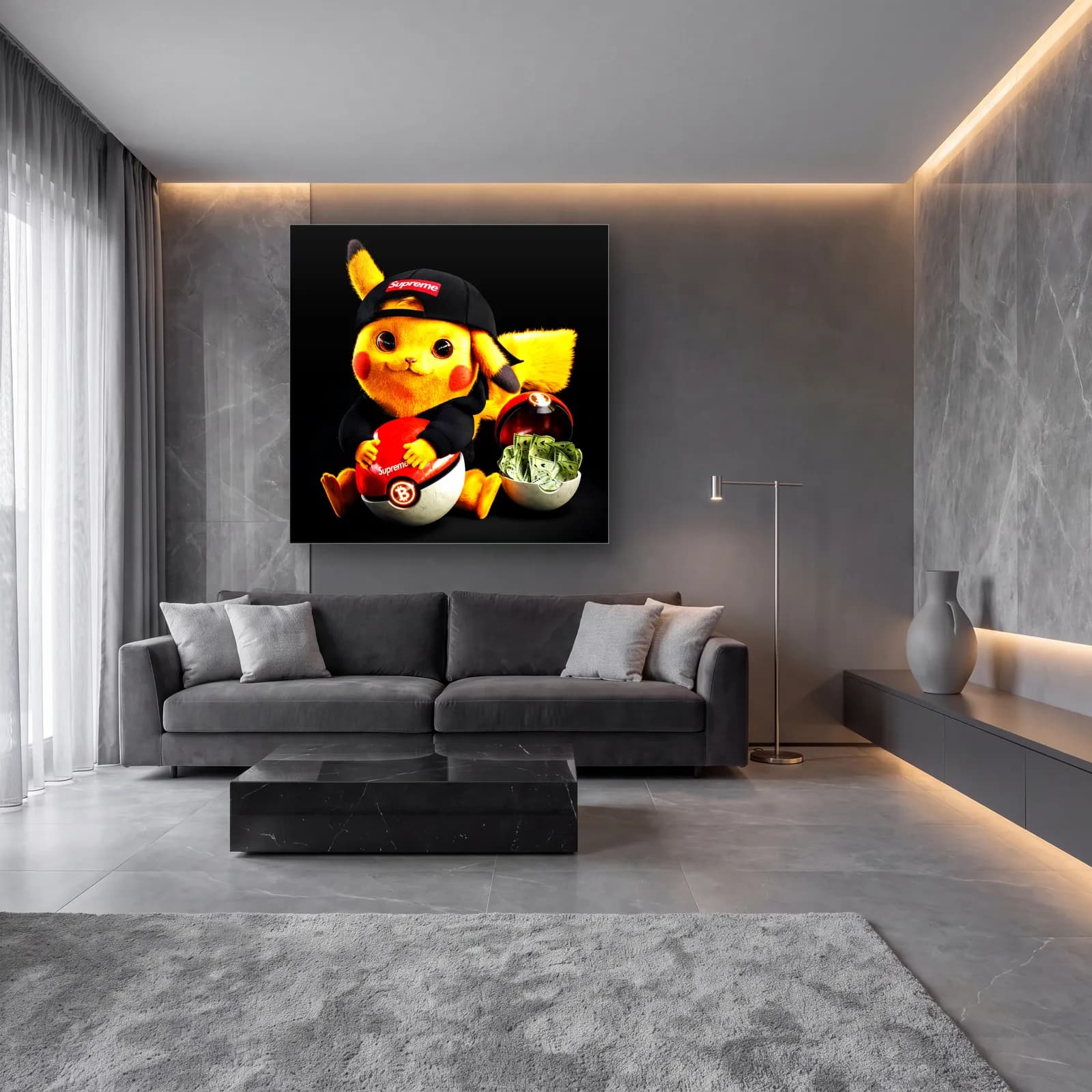 Supreme Şapkalı 3D Pikachu cam tablo — lüks salon duvarında
