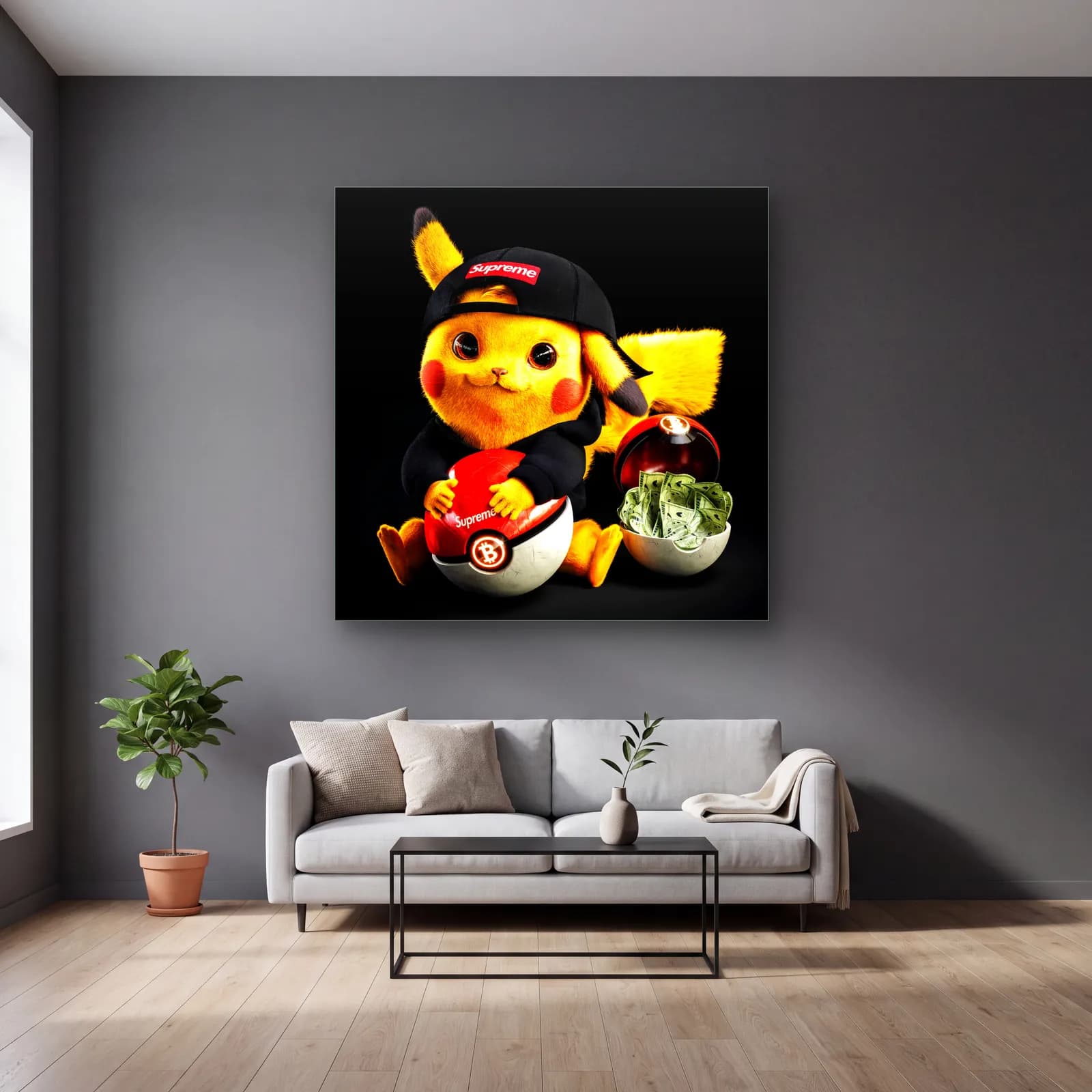 Supreme Şapkalı 3D Pikachu cam tablo — gri duvarlı salonda