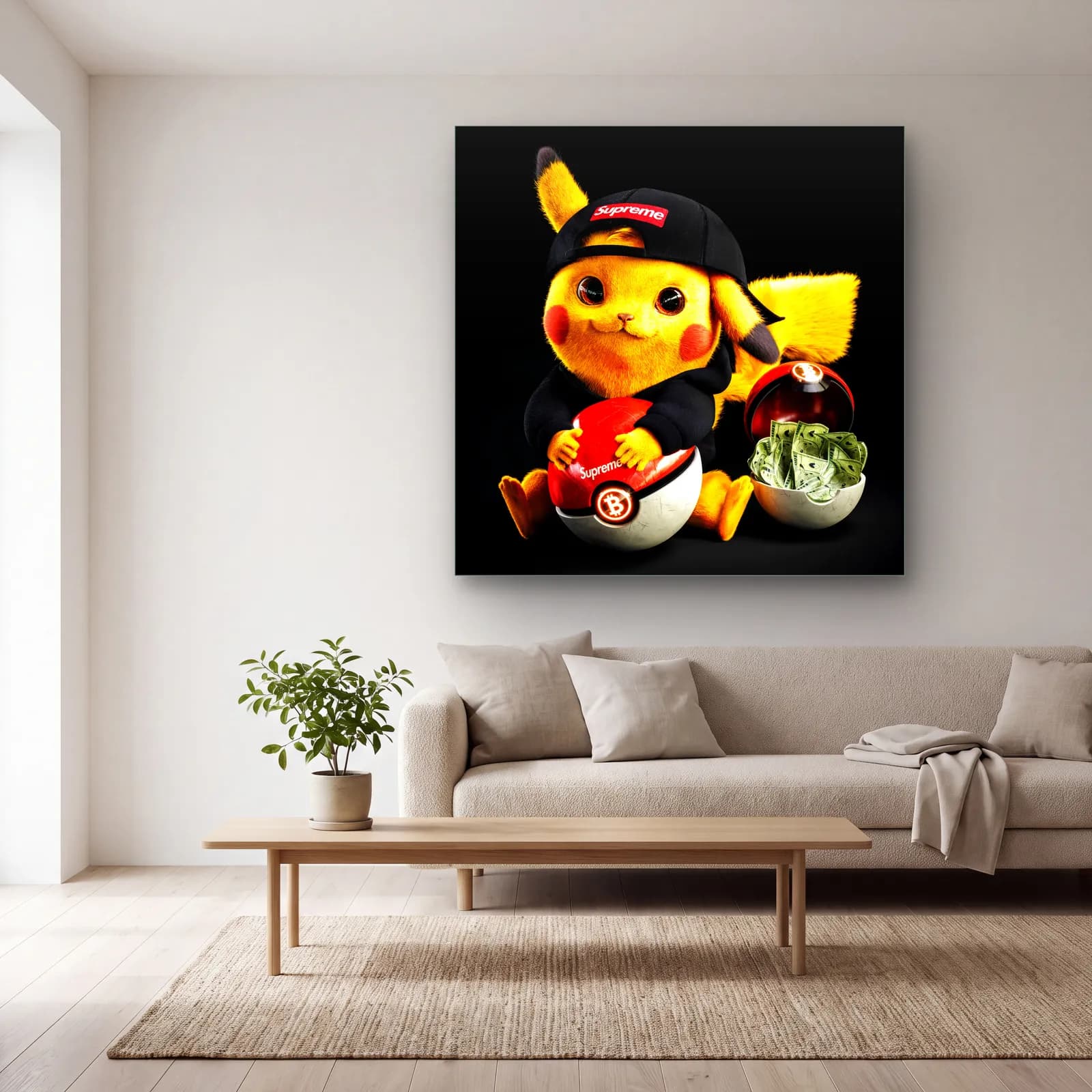 Supreme Şapkalı 3D Pikachu cam tablo — açık renk salonda