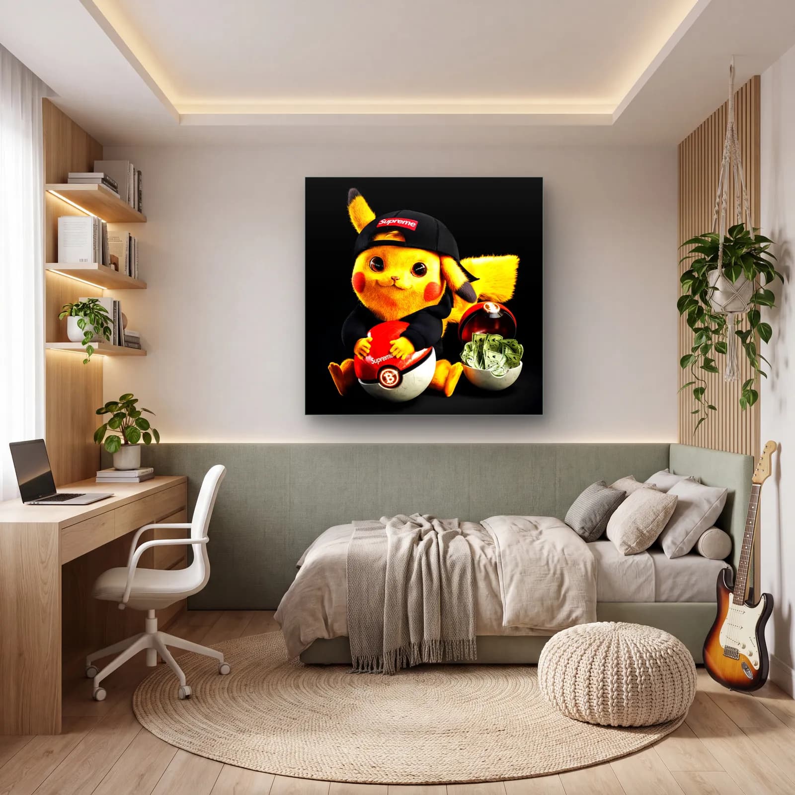 Supreme Şapkalı 3D Pikachu cam tablo — genç odasında