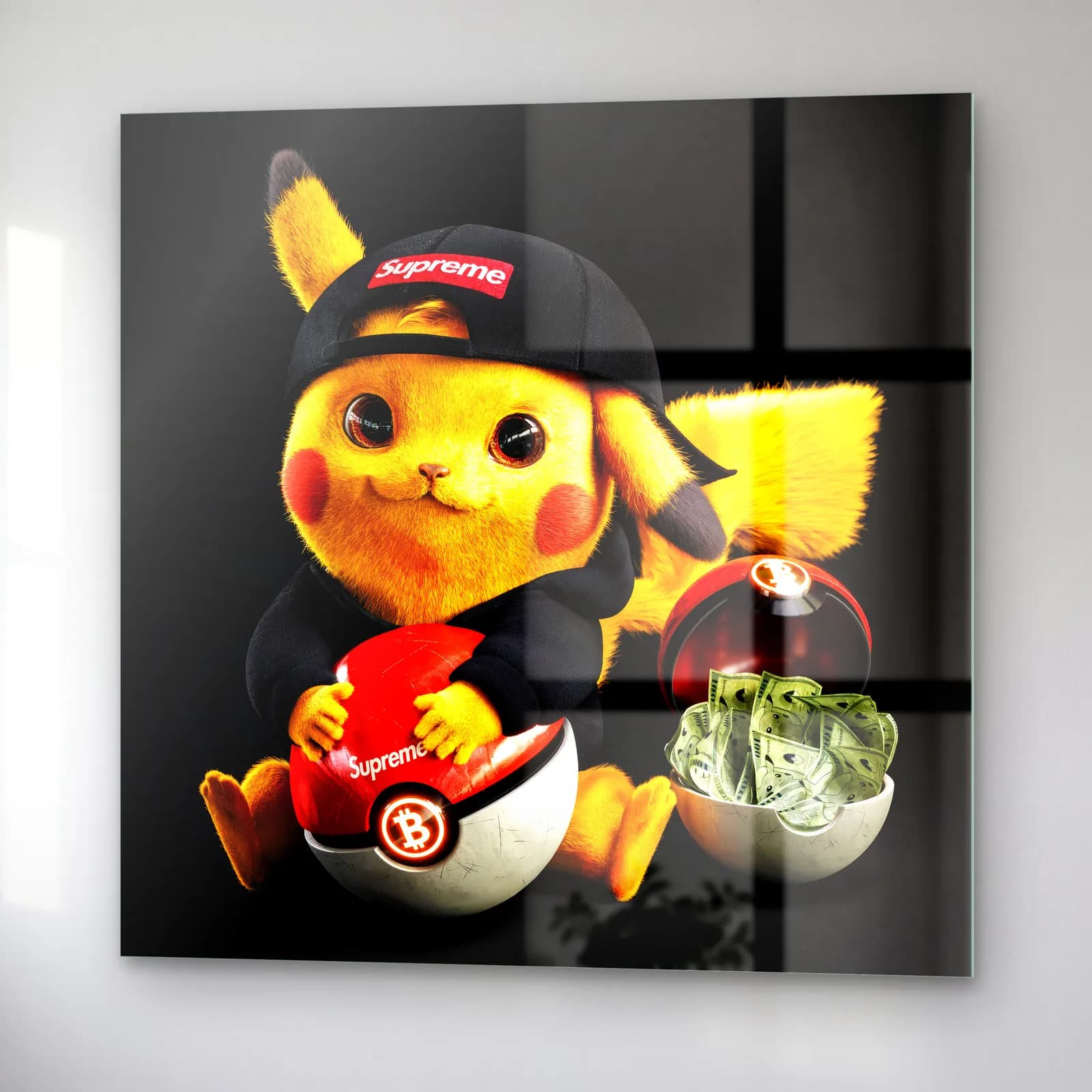 Supreme Şapkalı 3D Pikachu cam tablo — sağ açıdan görünüm