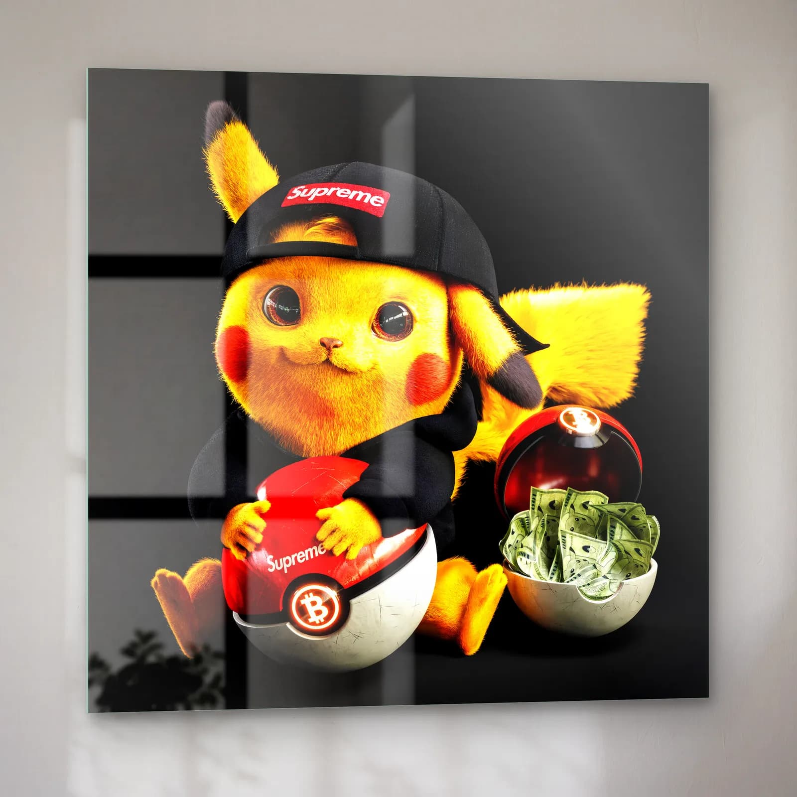 Supreme Şapkalı 3D Pikachu cam tablo — sol açıdan görünüm