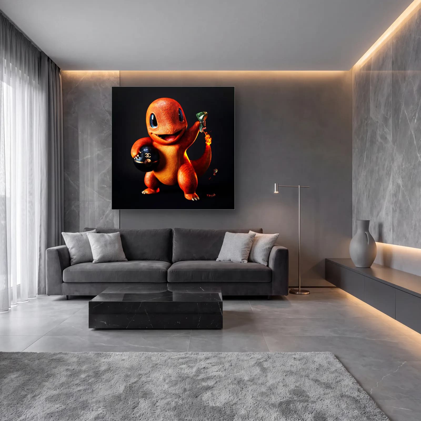Chanel Detaylı 3D Charmander cam tablo — lüks salon duvarında