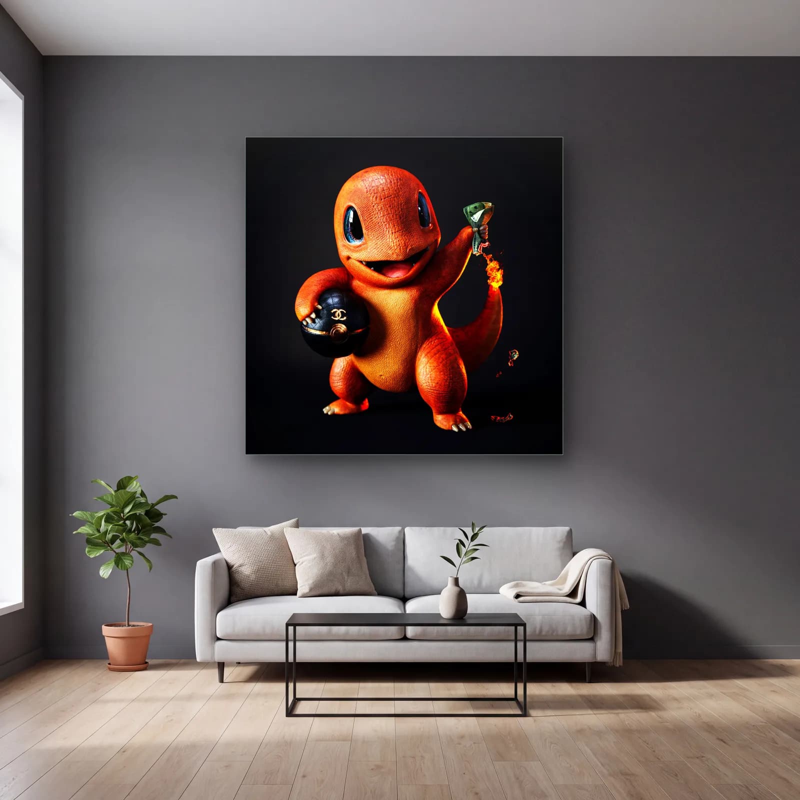 Chanel Detaylı 3D Charmander cam tablo — gri duvarlı salonda