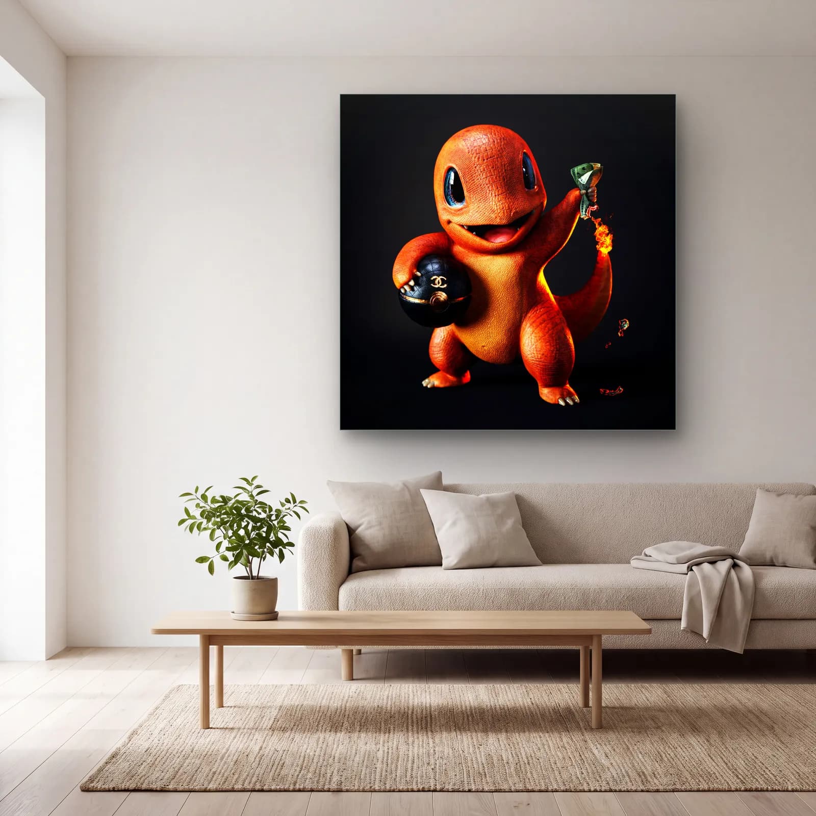 Chanel Detaylı 3D Charmander cam tablo — açık renk salonda