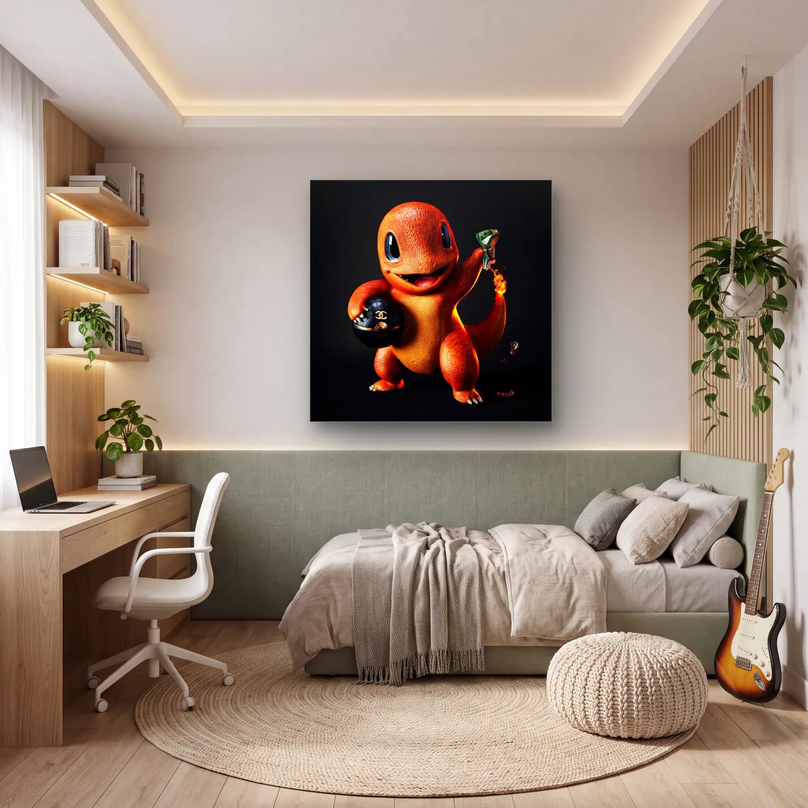 Chanel Detaylı 3D Charmander cam tablo — genç odasında