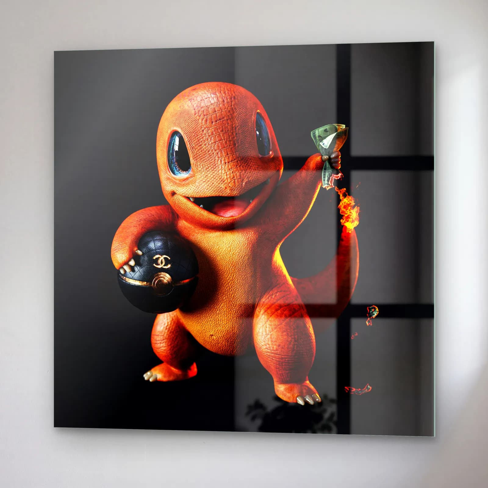 Chanel Detaylı 3D Charmander cam tablo — sağ açıdan görünüm