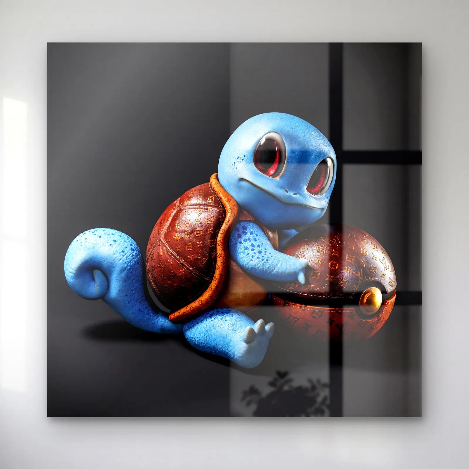 Lüks Deri Kabuklu 3D Squirtle cam tablo — Siyah zeminde deri kabuklu mavi 3D Squirtle ve kahverengi pokeball