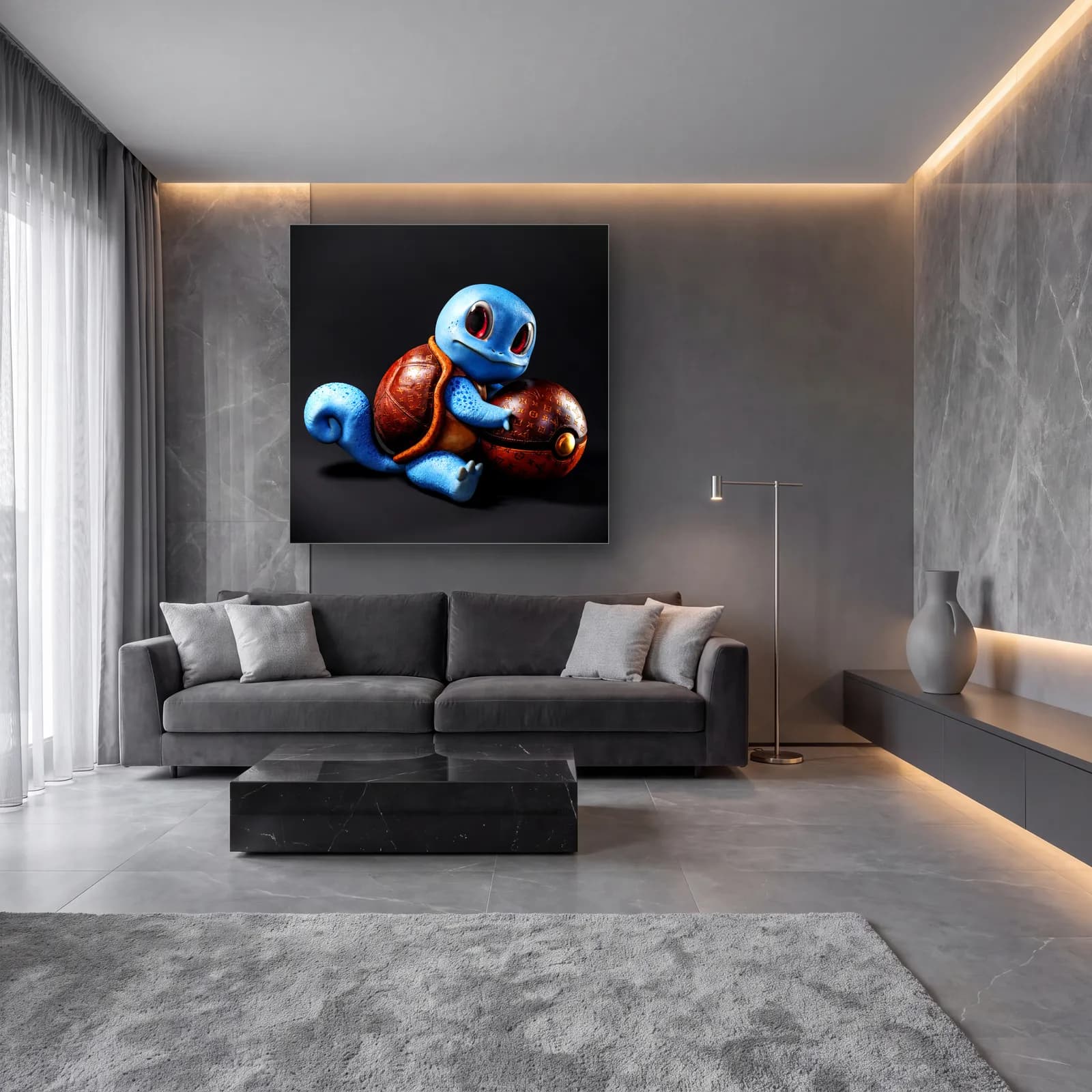 Lüks Deri Kabuklu 3D Squirtle cam tablo — lüks salon duvarında