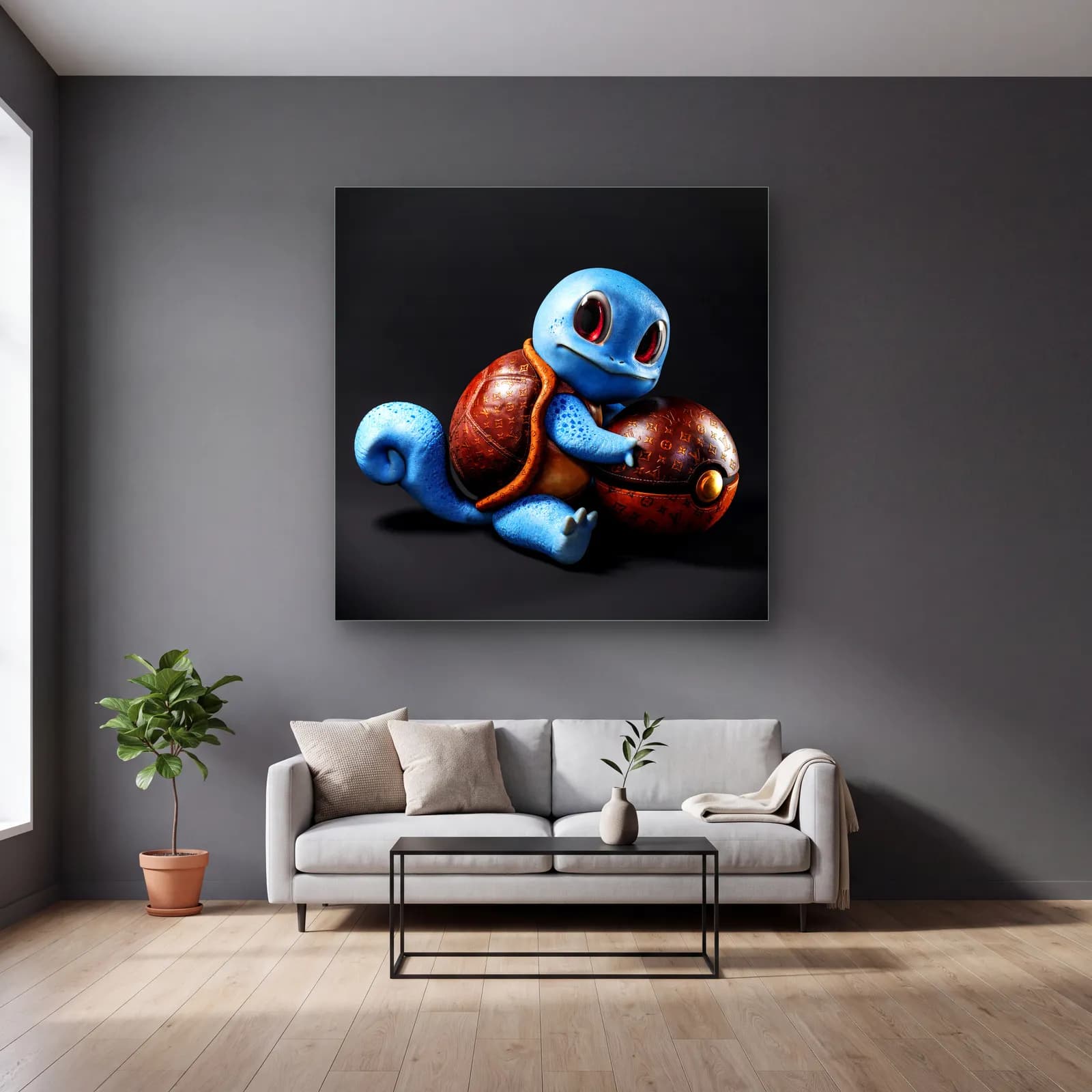 Lüks Deri Kabuklu 3D Squirtle cam tablo — gri duvarlı salonda