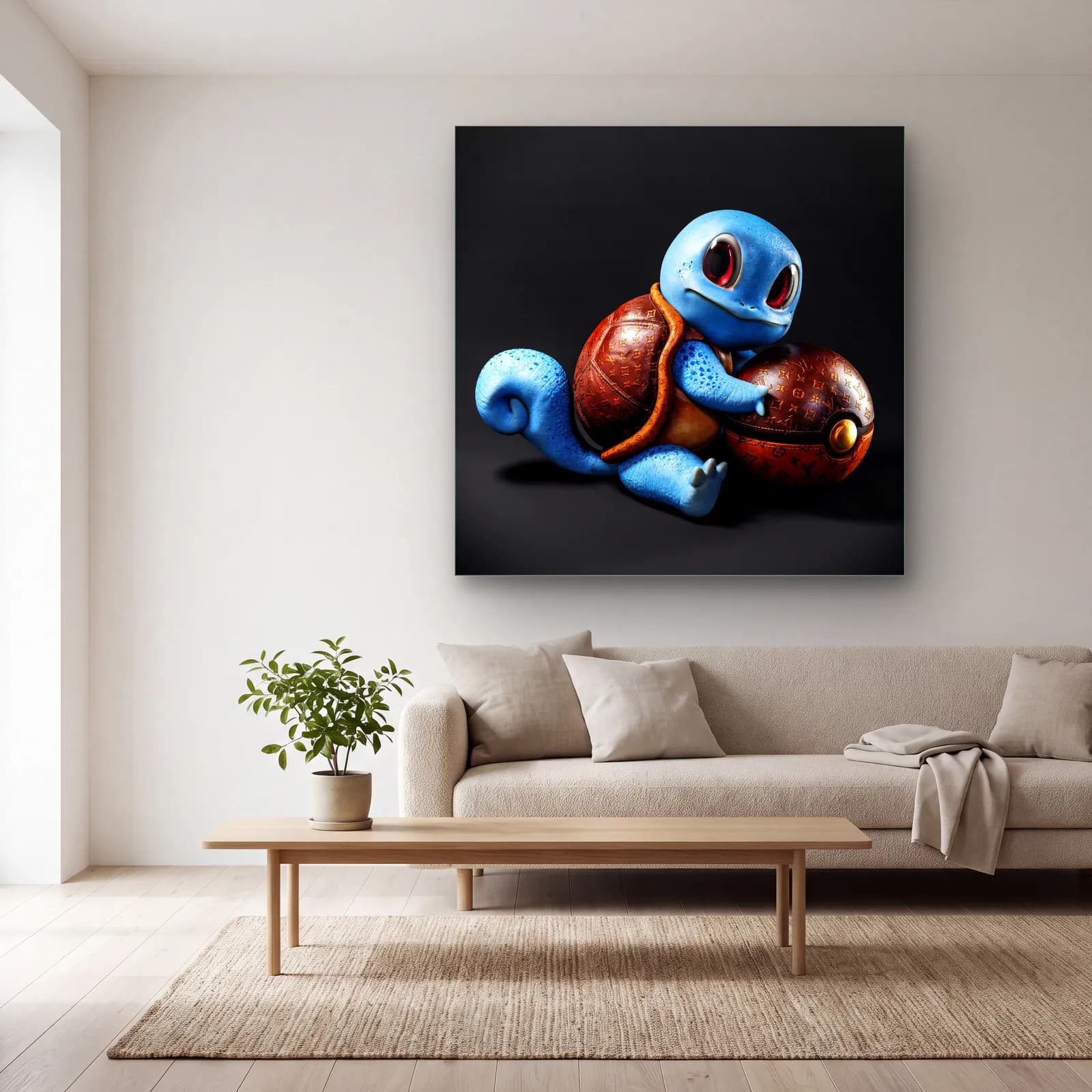 Lüks Deri Kabuklu 3D Squirtle cam tablo — açık renk salonda