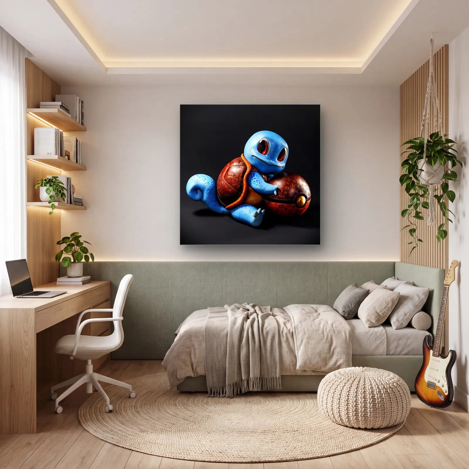Lüks Deri Kabuklu 3D Squirtle cam tablo — genç odasında