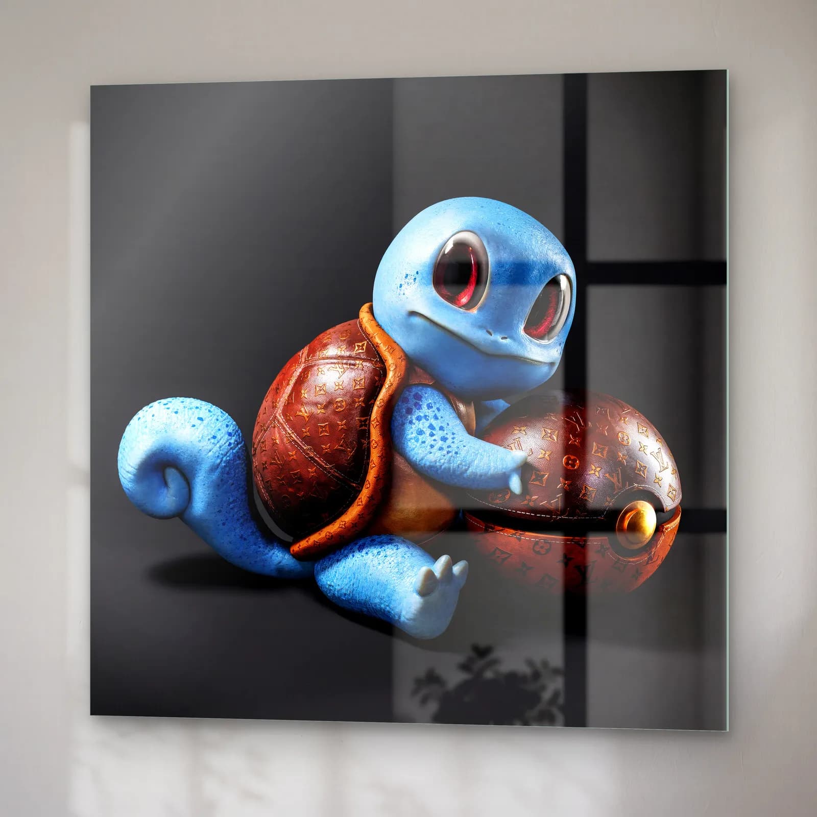 Lüks Deri Kabuklu 3D Squirtle cam tablo — sağ açıdan görünüm