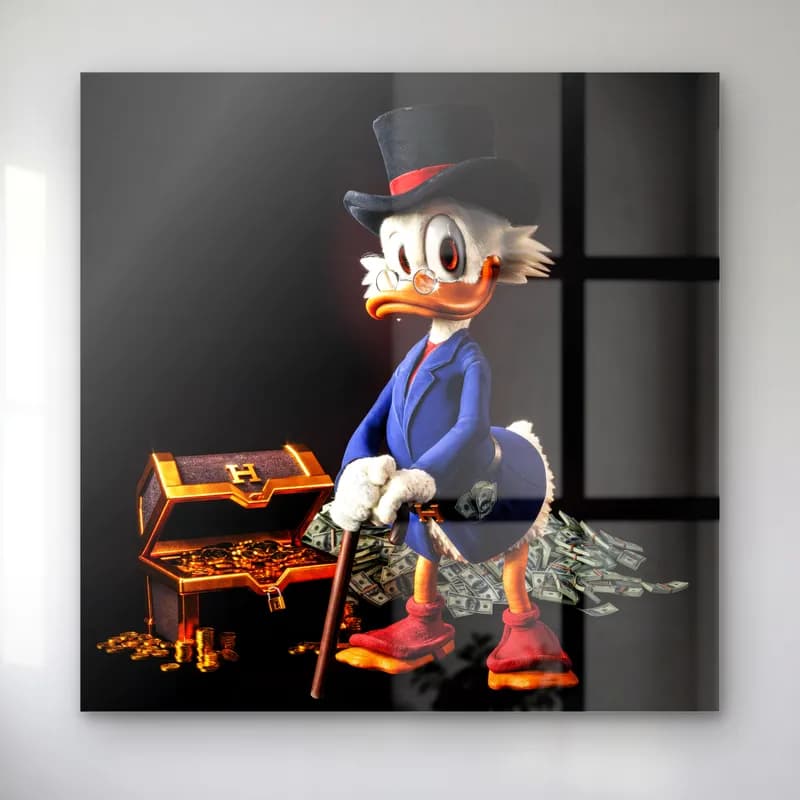 3D Scrooge McDuck Hazine Sandığı cam tablo — Altın dolu sandık ve dolarlar yanında bastonlu 3D Scrooge McDuck