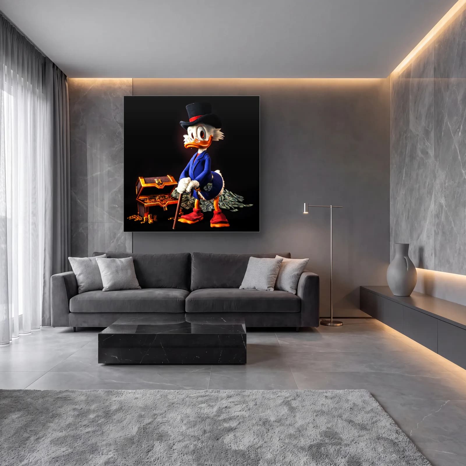 3D Scrooge McDuck Hazine Sandığı cam tablo — lüks salon duvarında
