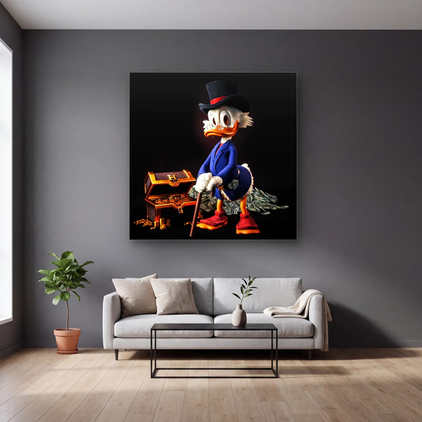 3D Scrooge McDuck Hazine Sandığı cam tablo — gri duvarlı salonda