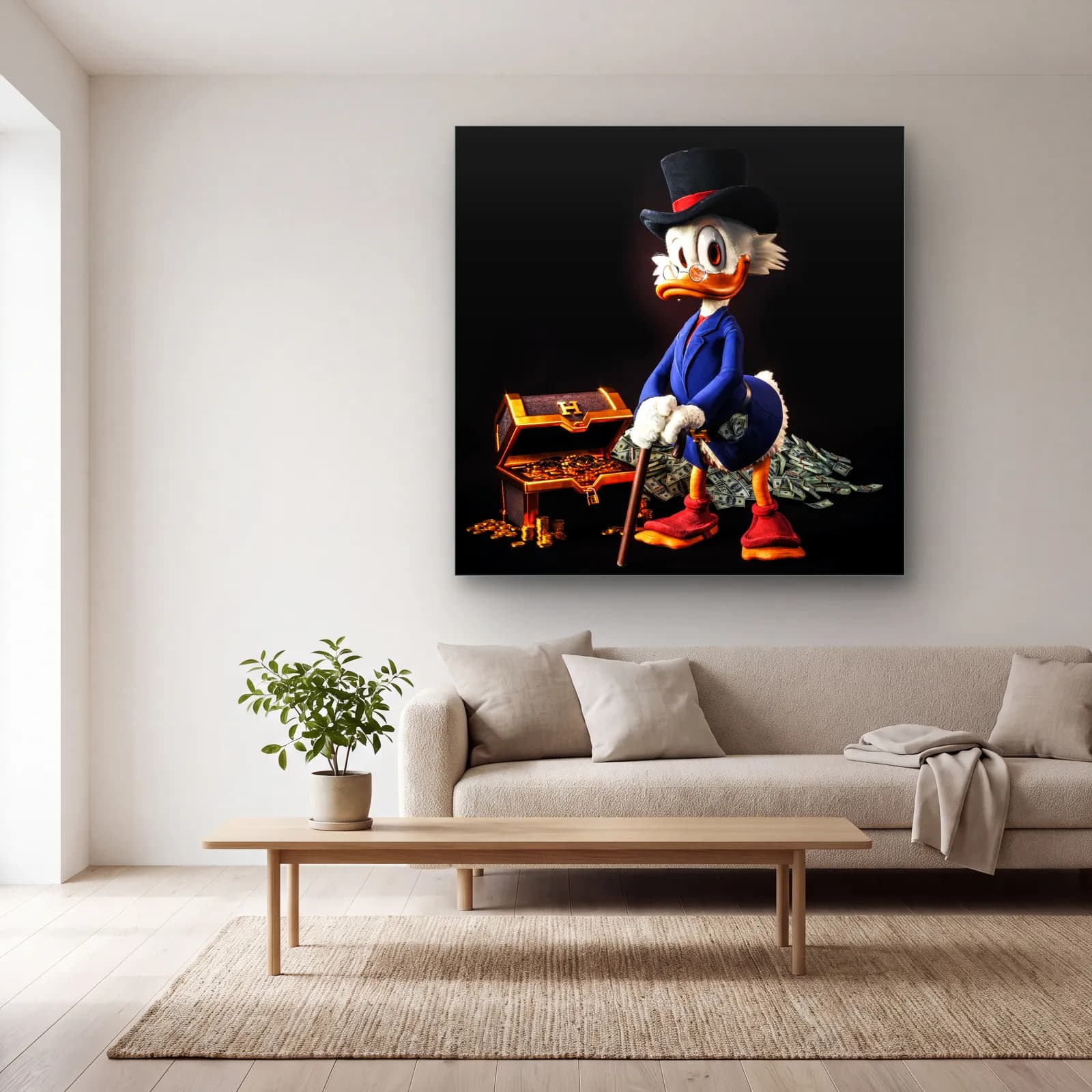 3D Scrooge McDuck Hazine Sandığı cam tablo — açık renk salonda