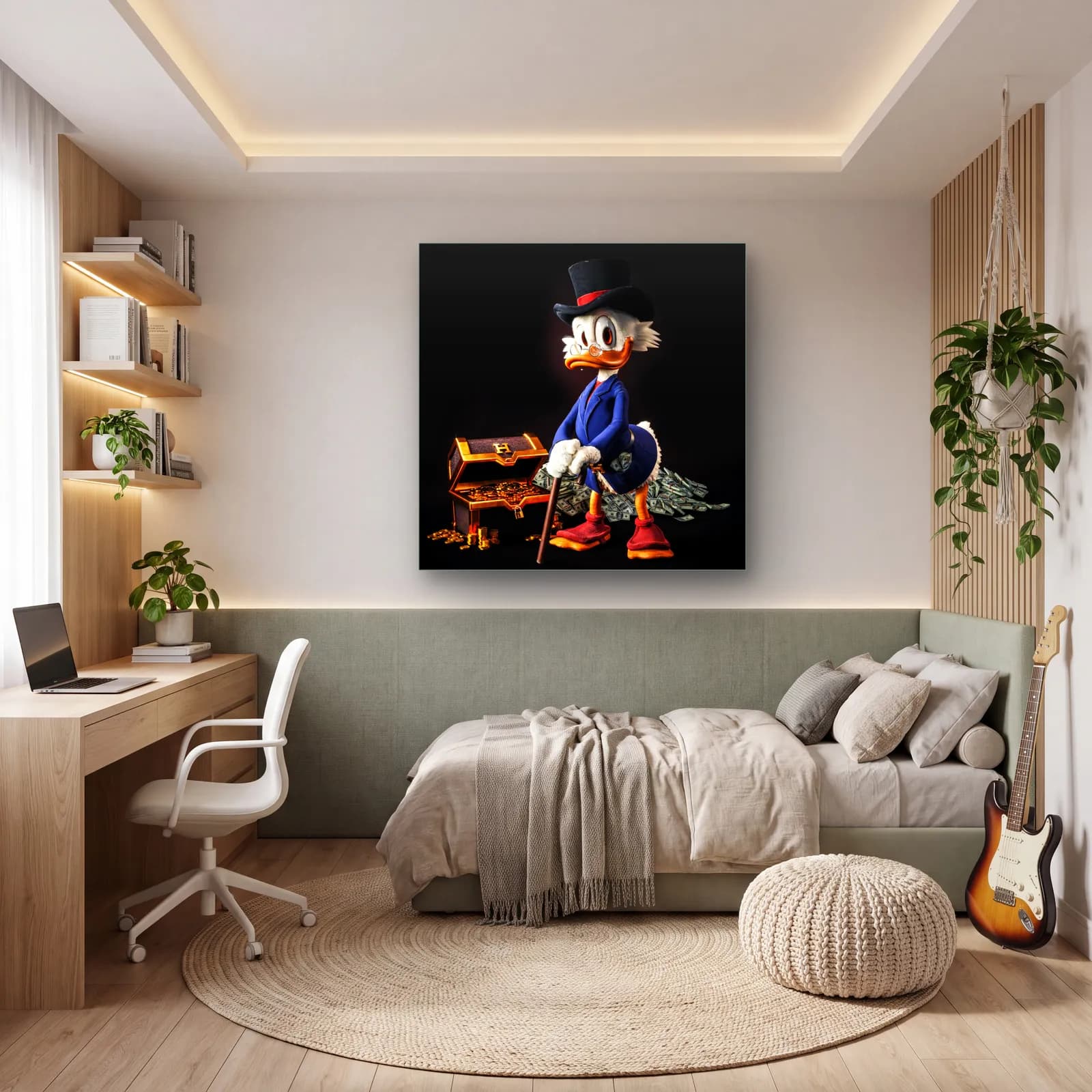 3D Scrooge McDuck Hazine Sandığı cam tablo — genç odasında