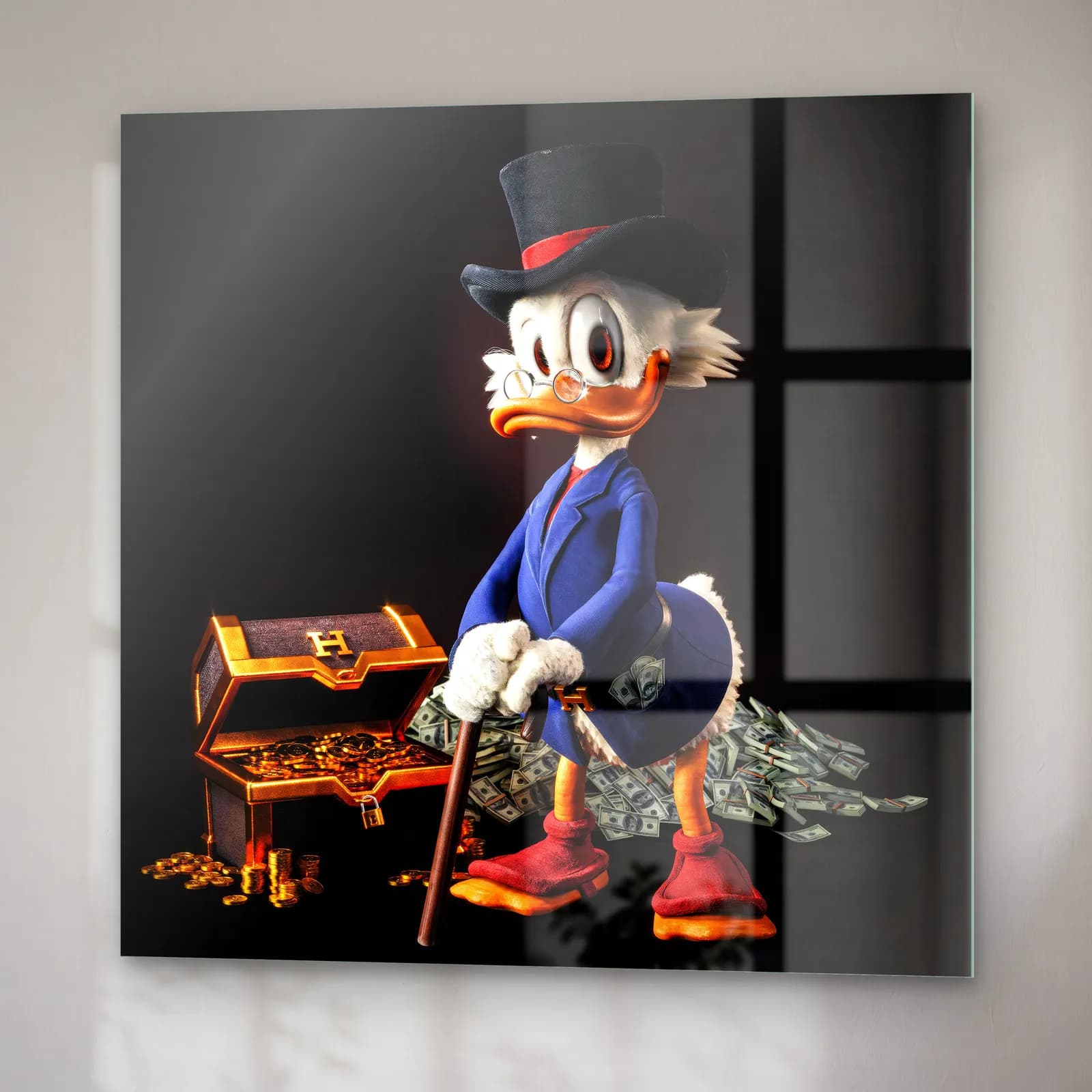 3D Scrooge McDuck Hazine Sandığı cam tablo — sağ açıdan görünüm