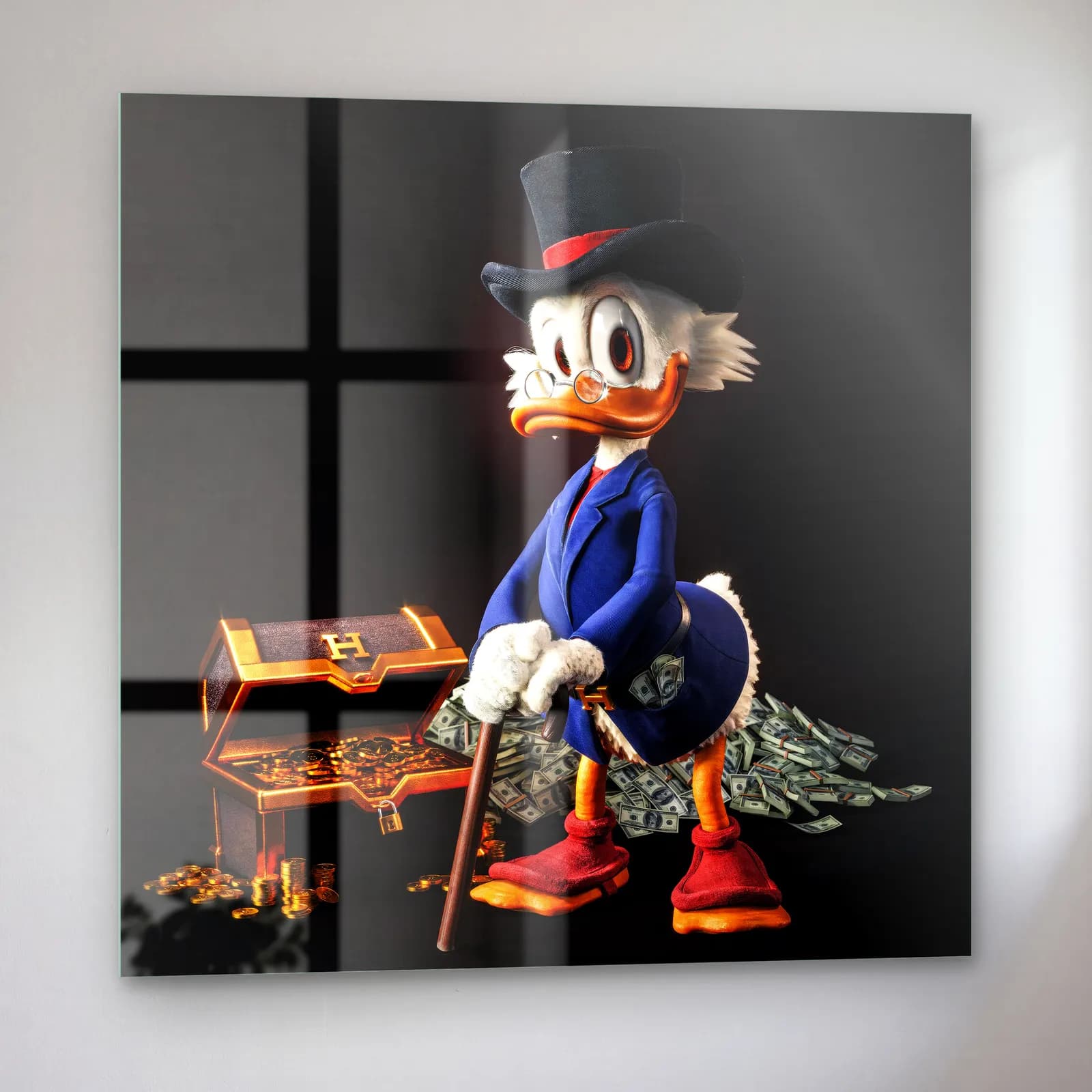 3D Scrooge McDuck Hazine Sandığı cam tablo — sol açıdan görünüm