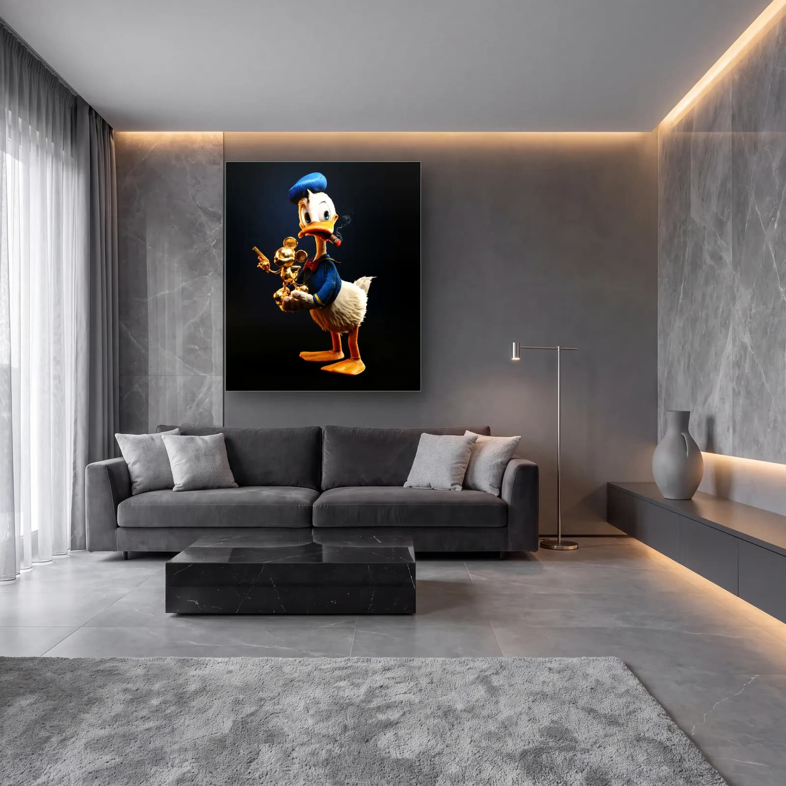 Altın Mickey Tutan 3D Donald Duck cam tablo — lüks salon duvarında