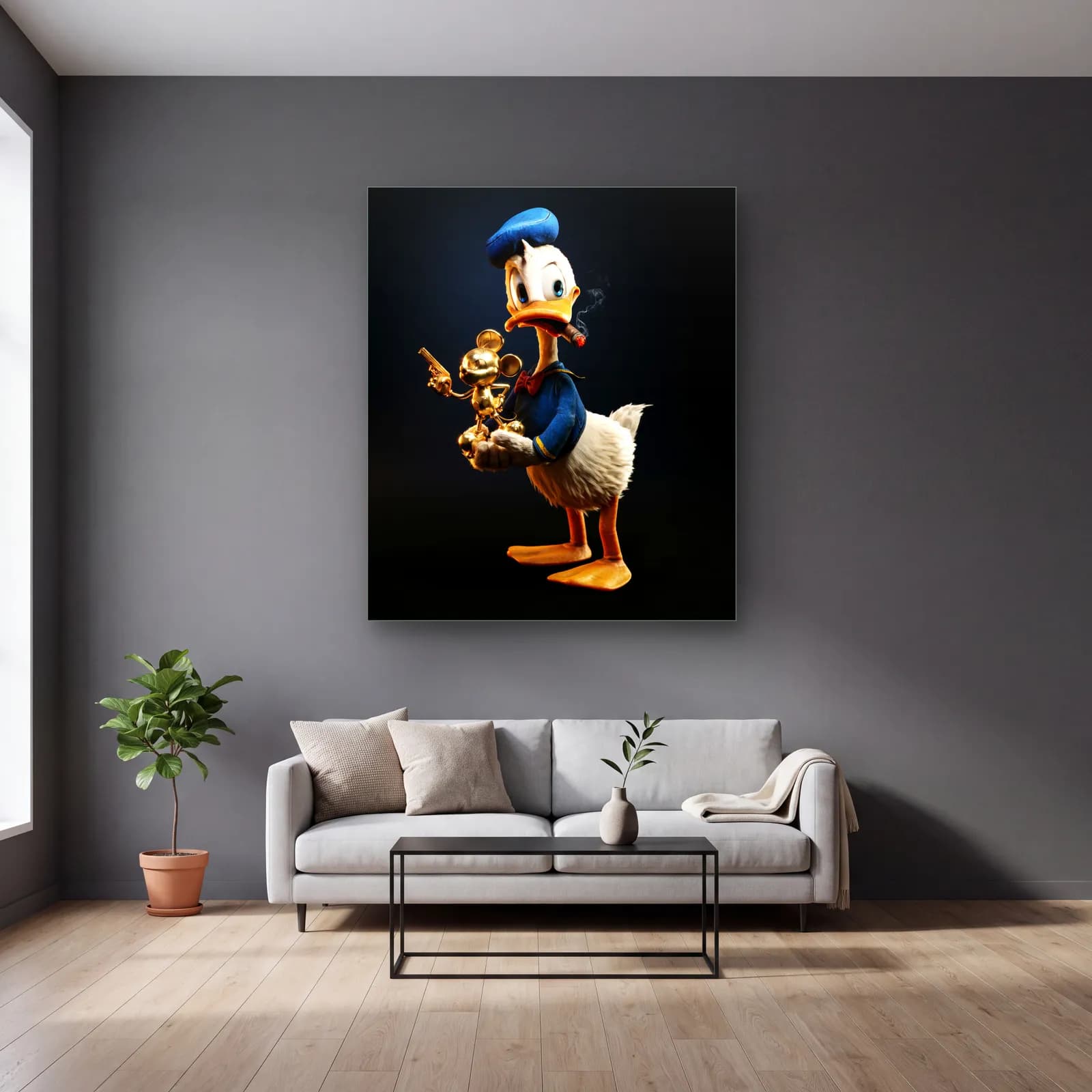Altın Mickey Tutan 3D Donald Duck cam tablo — gri duvarlı salonda