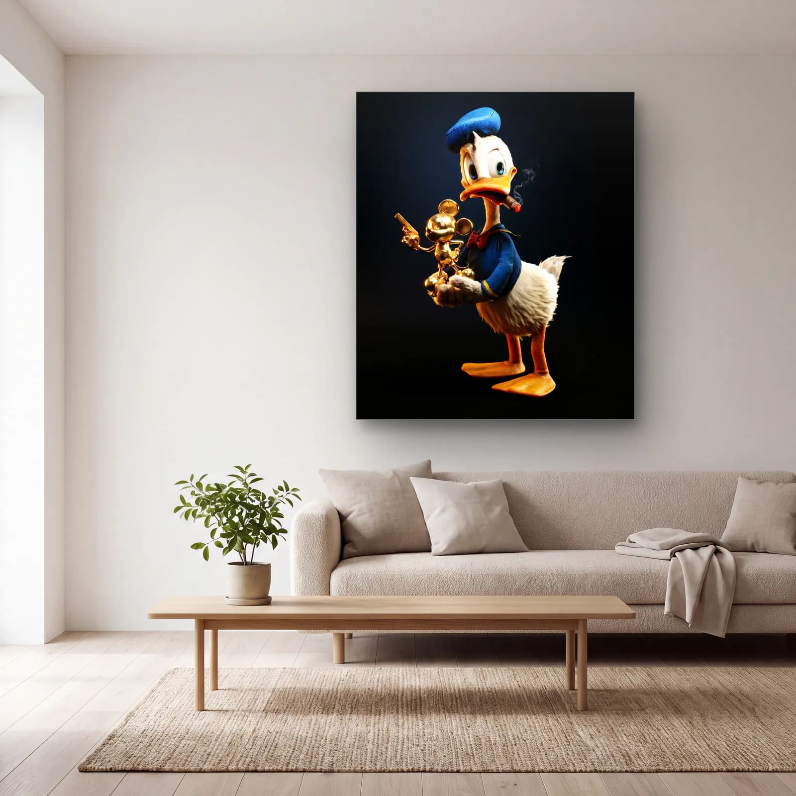 Altın Mickey Tutan 3D Donald Duck cam tablo — açık renk salonda