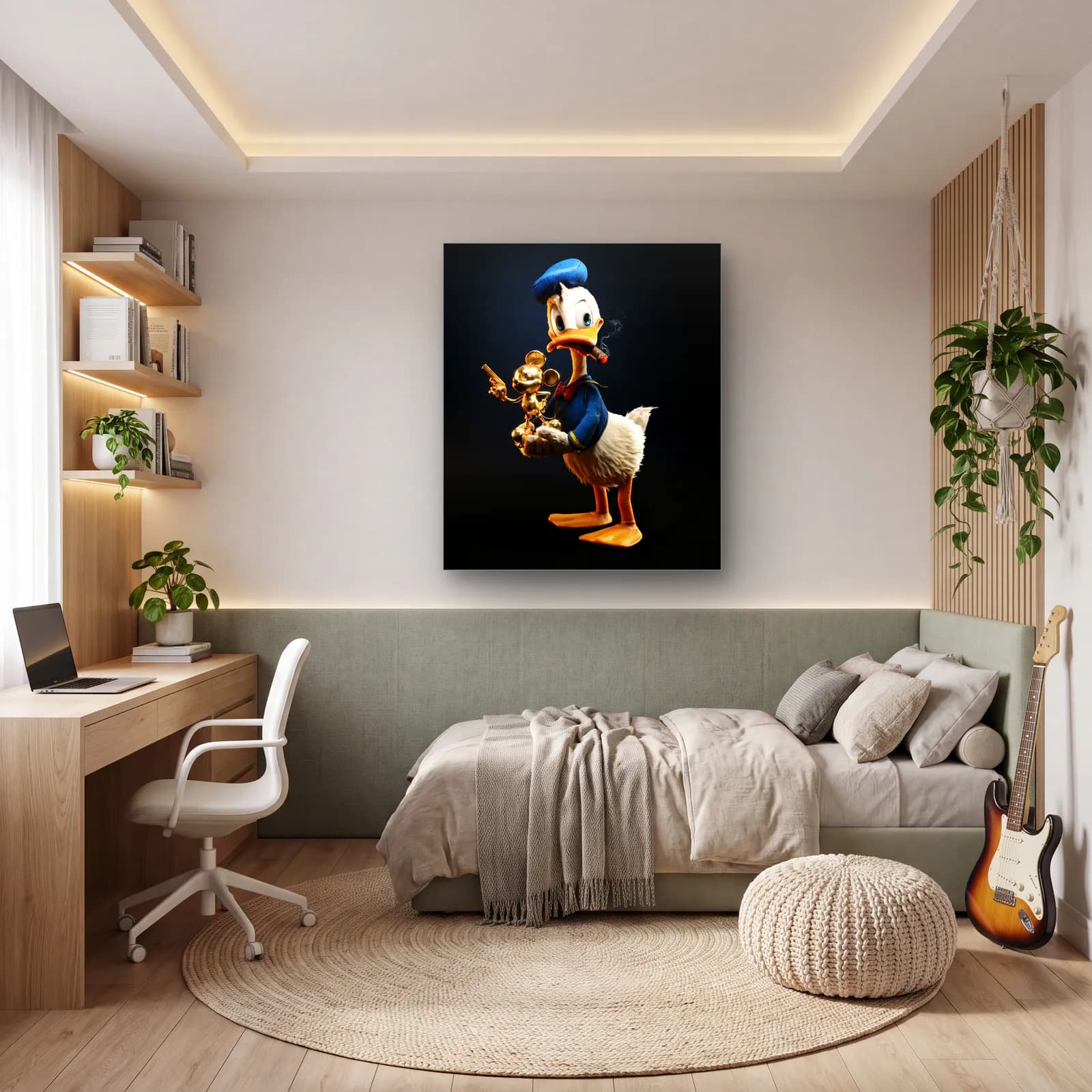 Altın Mickey Tutan 3D Donald Duck cam tablo — genç odasında
