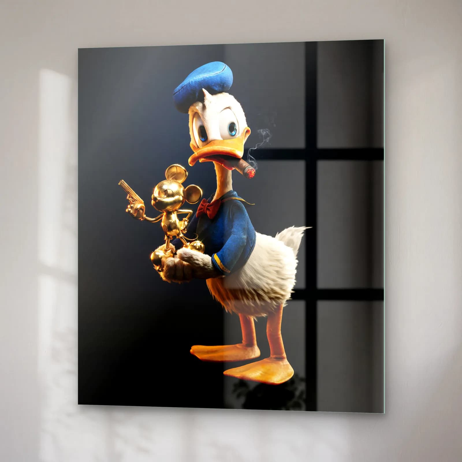 Altın Mickey Tutan 3D Donald Duck cam tablo — sağ açıdan görünüm
