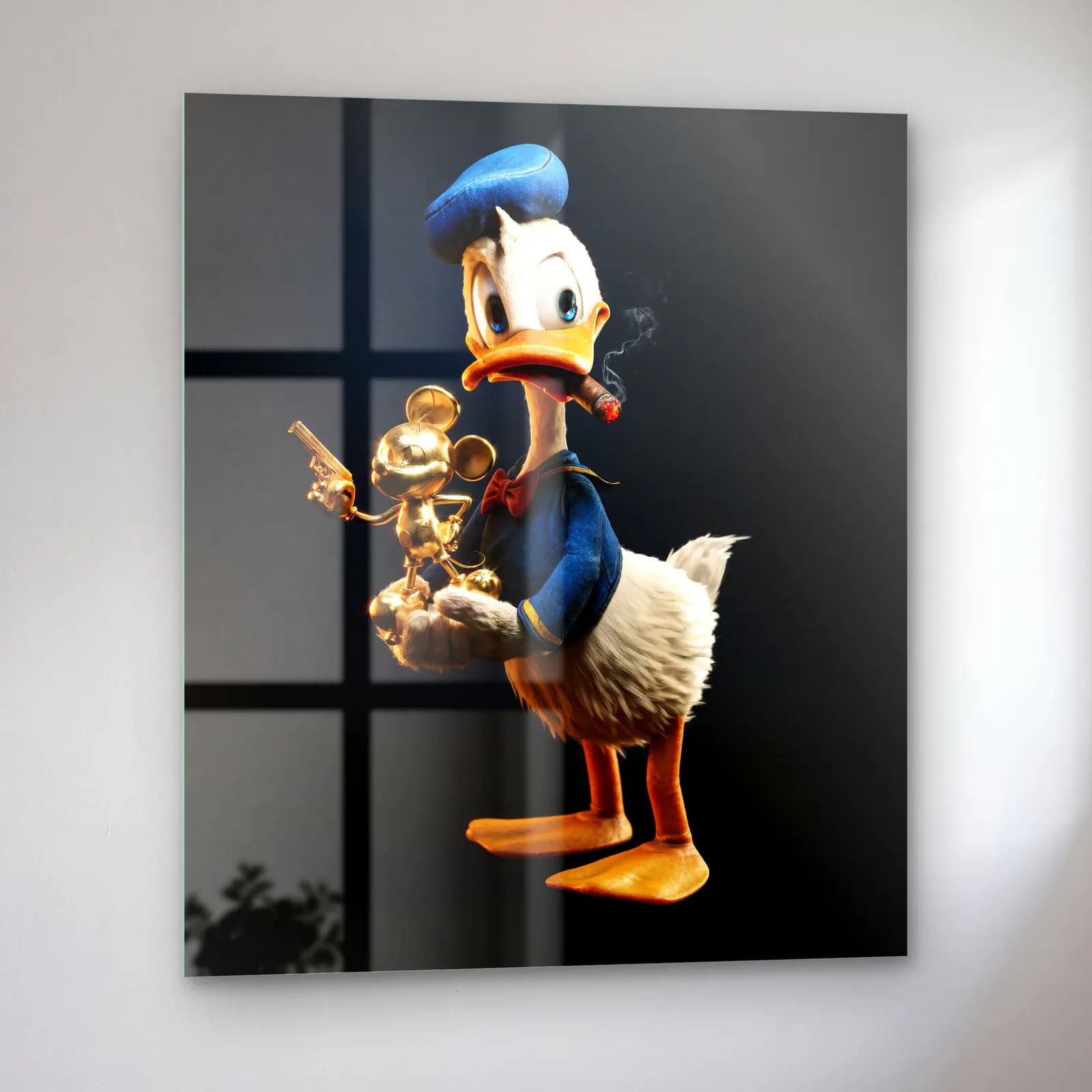 Altın Mickey Tutan 3D Donald Duck cam tablo — sol açıdan görünüm