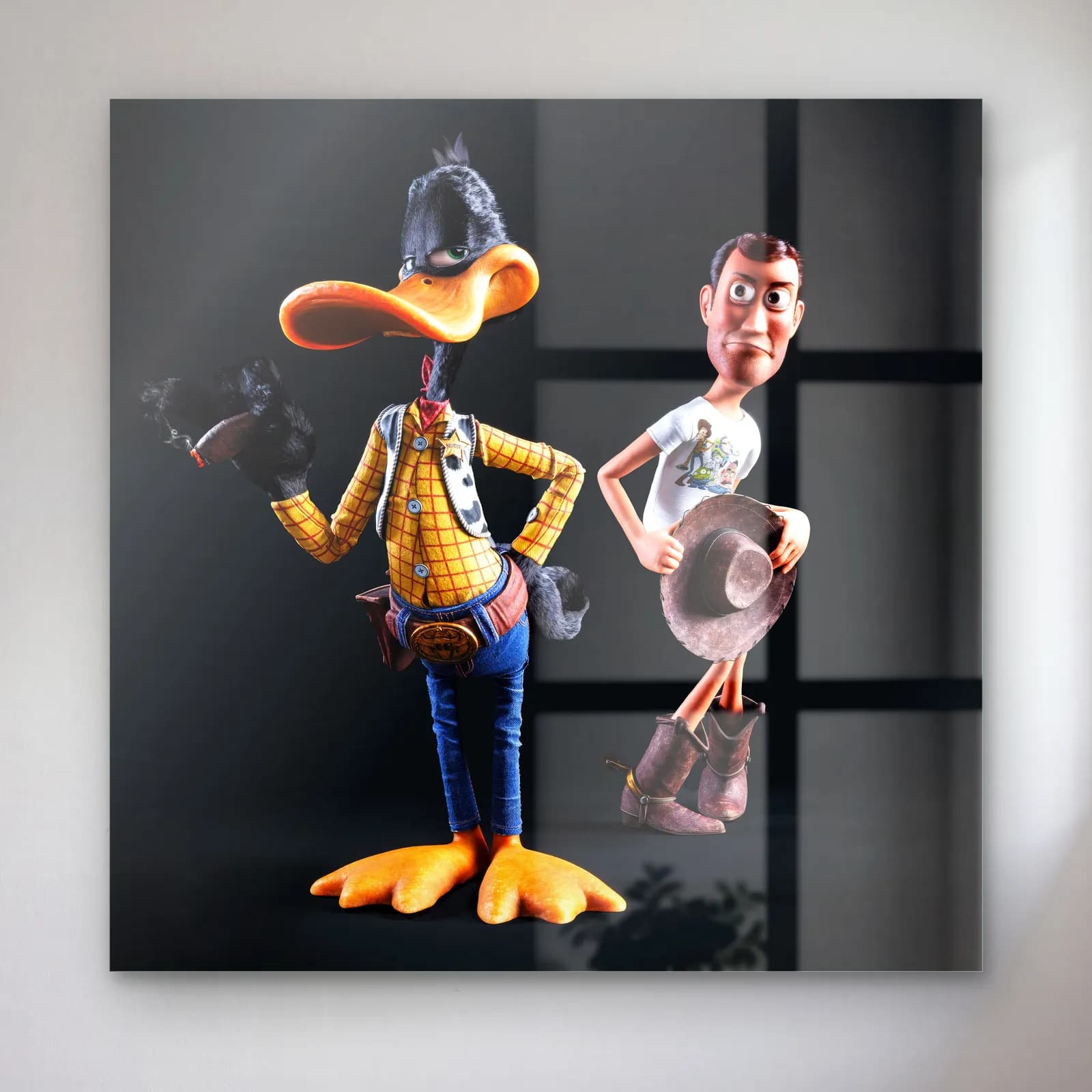 Kovboy Daffy Duck ve Woody cam tablo — Kovboy kıyafetli 3D Daffy Duck ve yanında duran Woody figürü