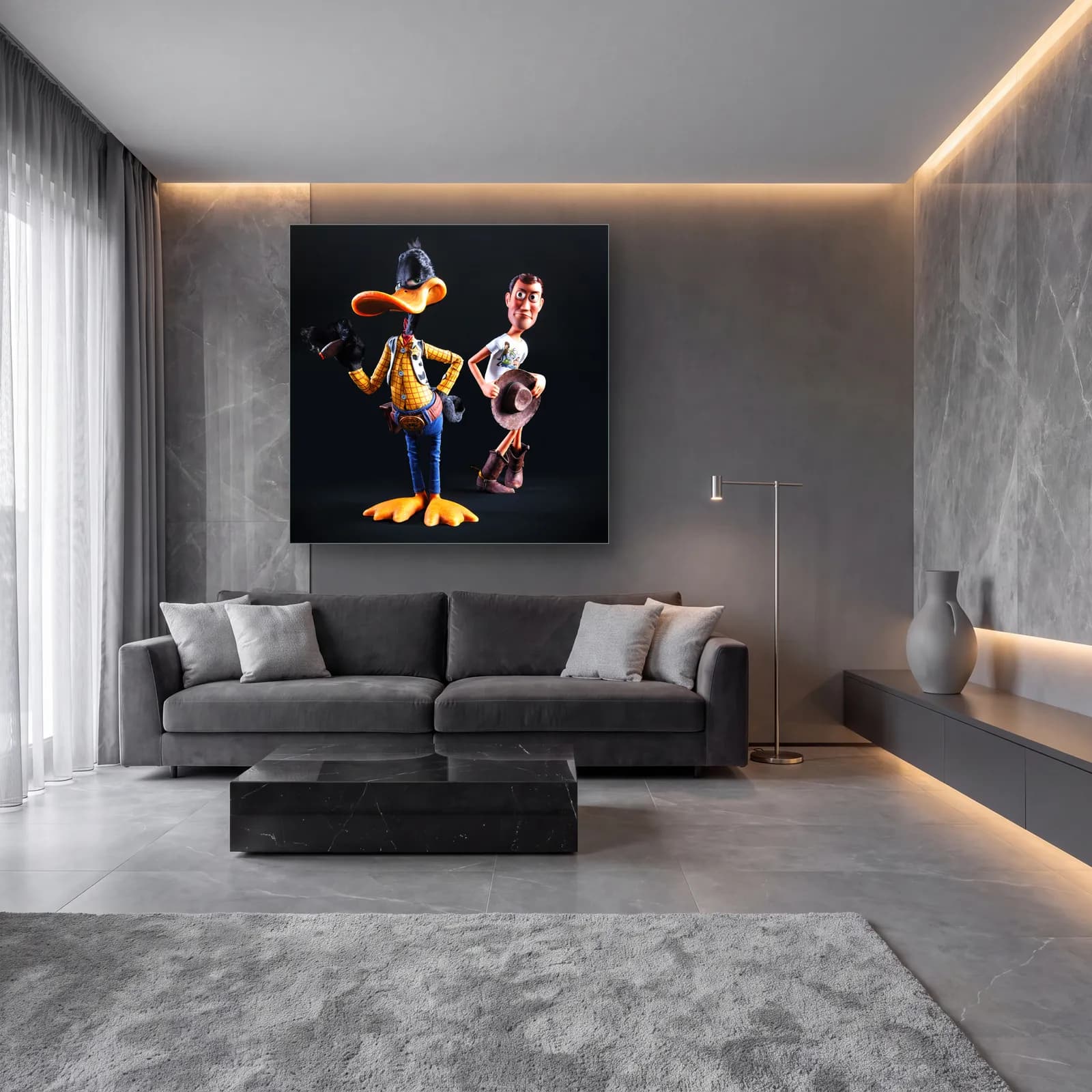 Kovboy Daffy Duck ve Woody cam tablo — lüks salon duvarında