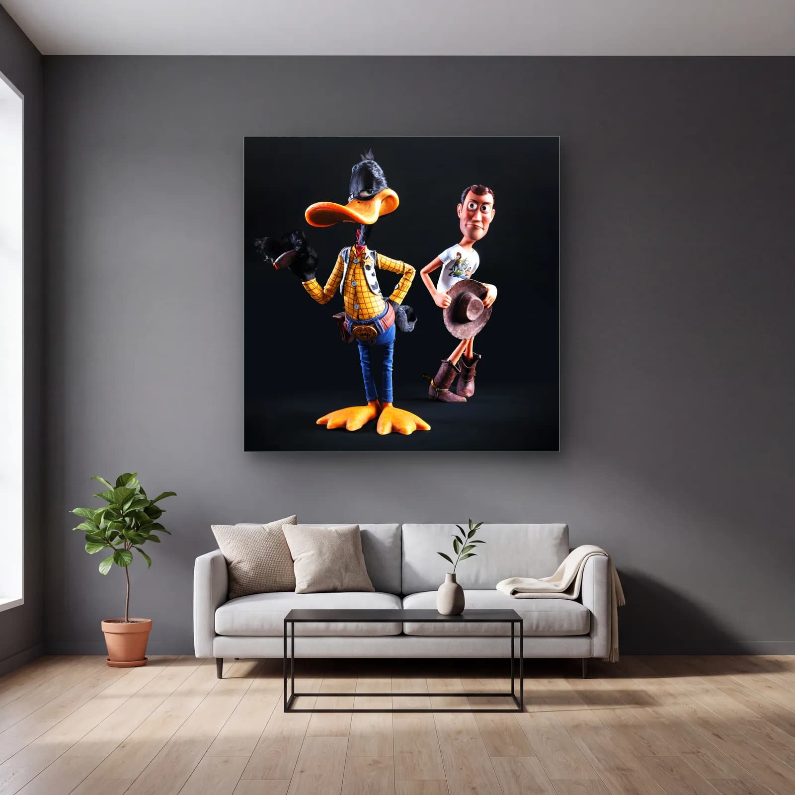 Kovboy Daffy Duck ve Woody cam tablo — gri duvarlı salonda