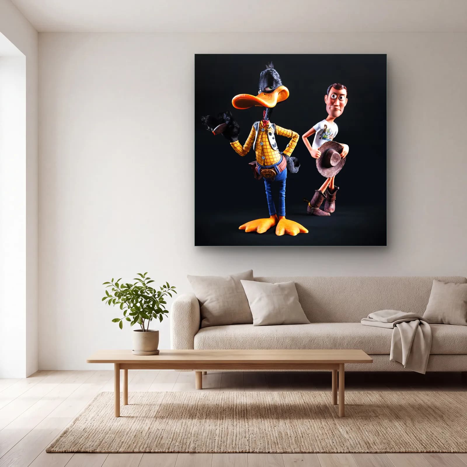 Kovboy Daffy Duck ve Woody cam tablo — açık renk salonda