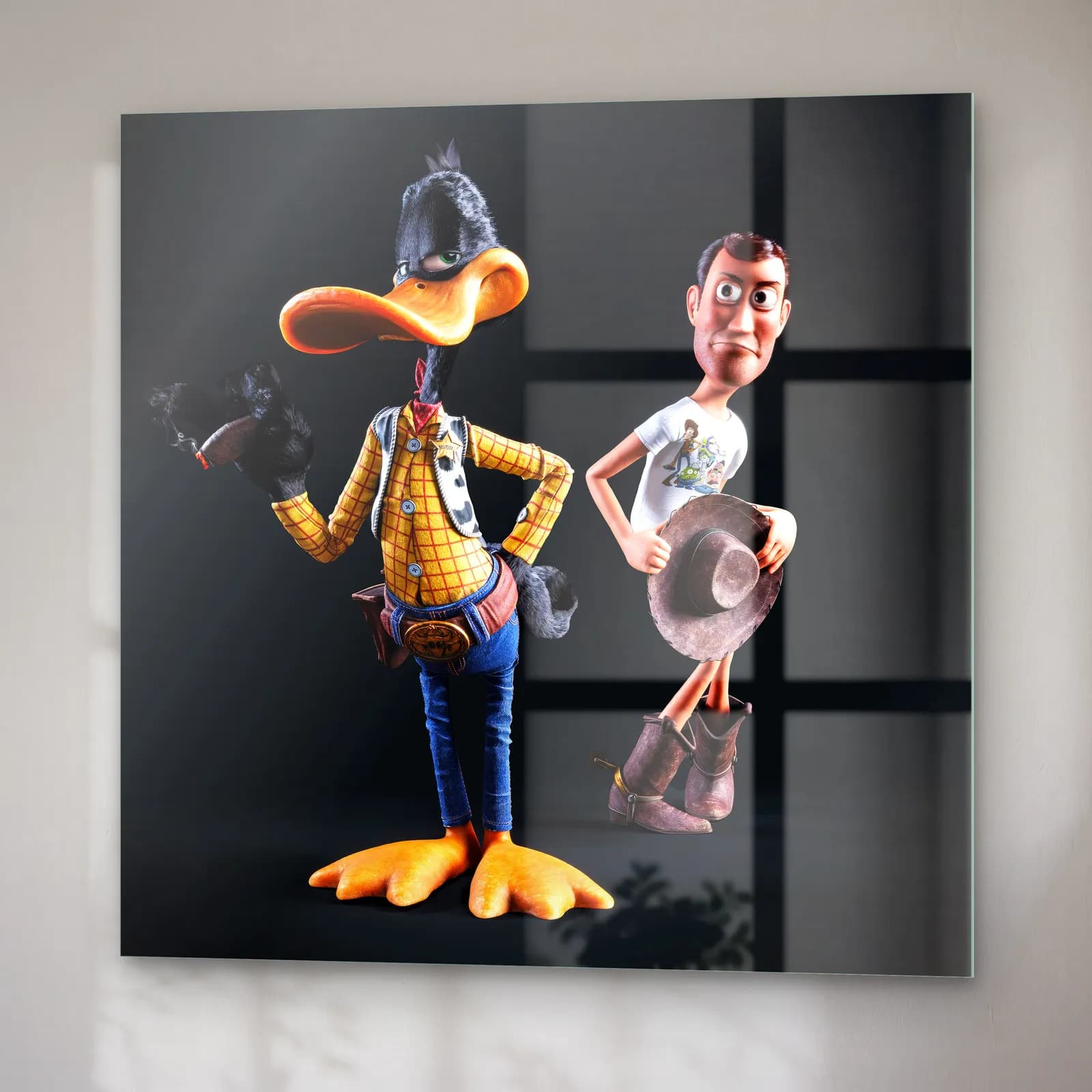 Kovboy Daffy Duck ve Woody cam tablo — sağ açıdan görünüm